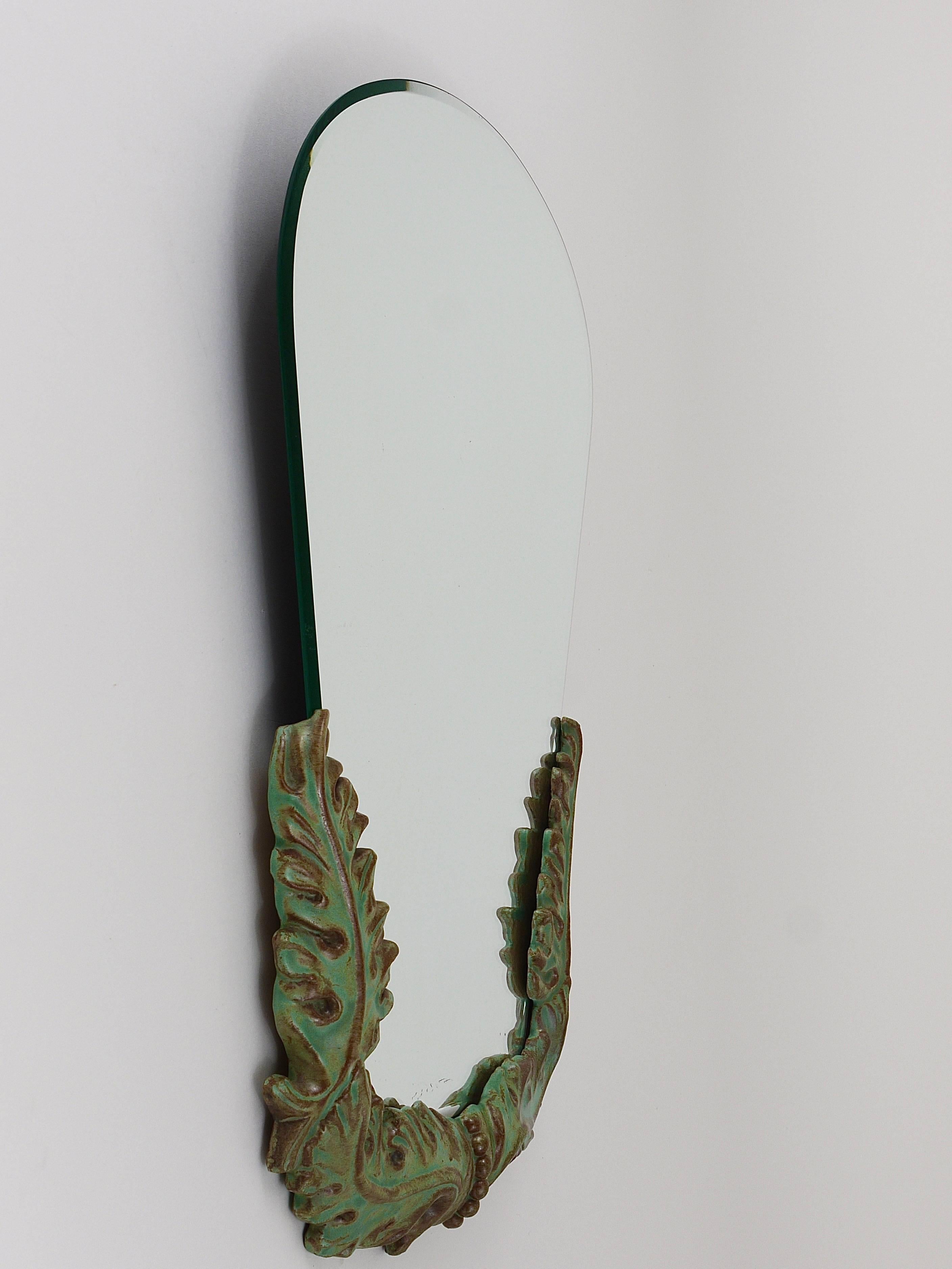 1930s Art Deco Leaves Faceted Wall Mirror, Pottery, Austria, 1930s 2