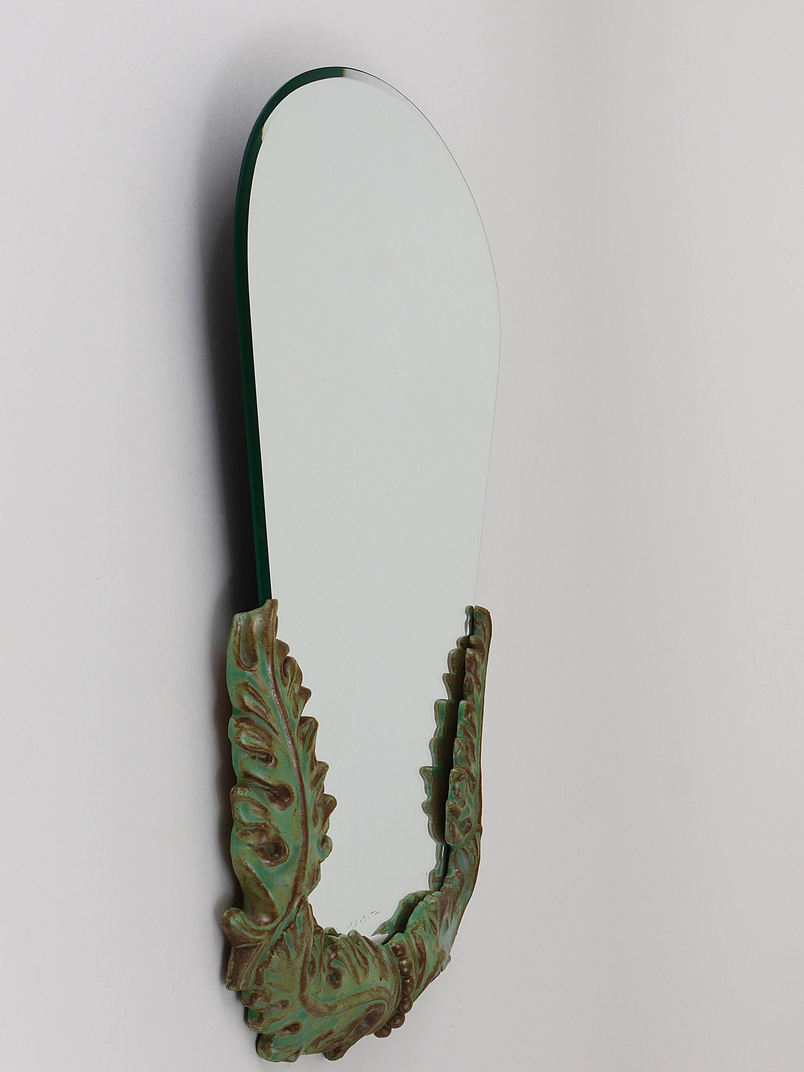 1930s Art Deco Leaves Faceted Wall Mirror, Pottery, Austria, 1930s 1