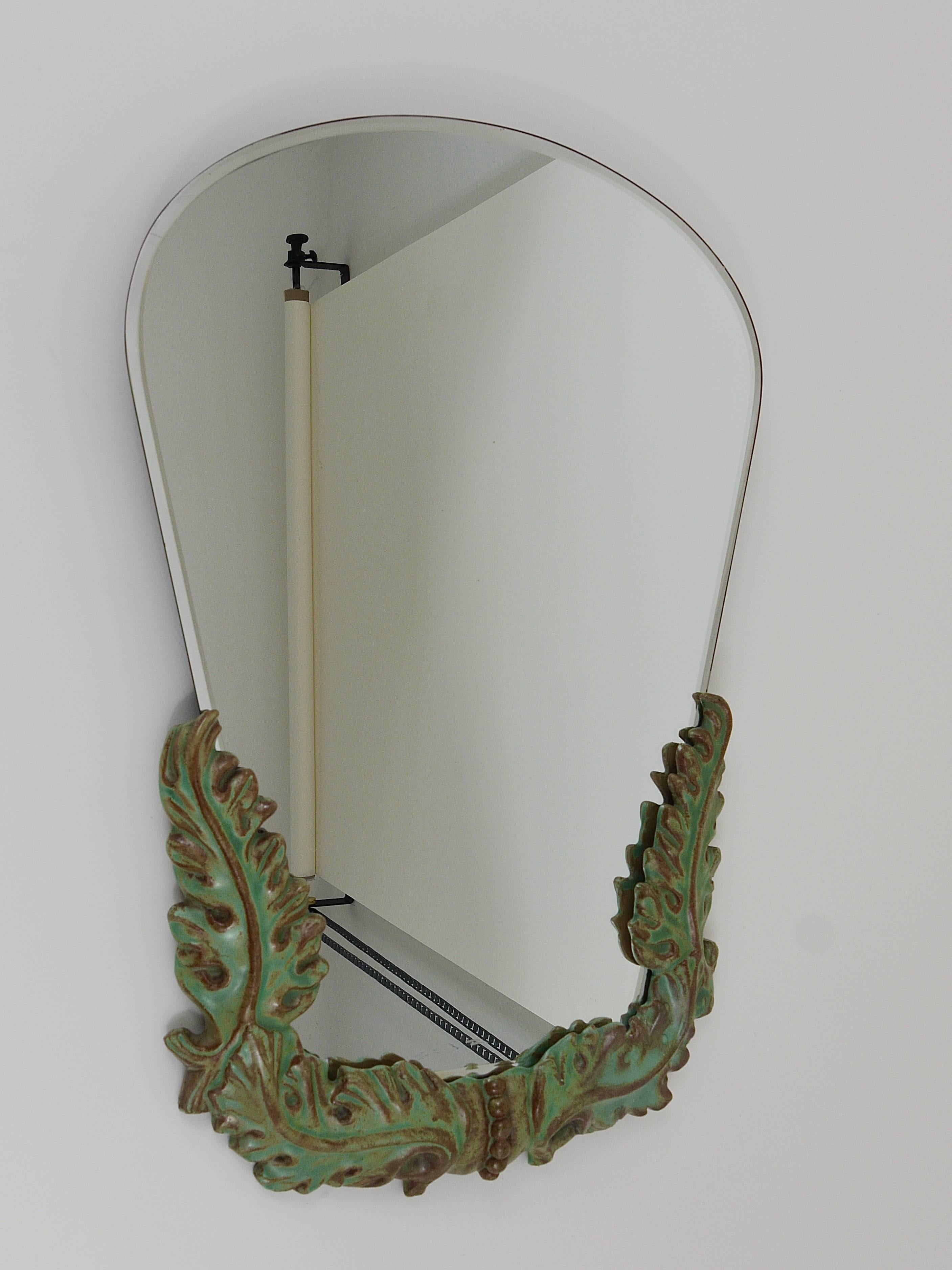 Austrian 1930s Art Deco Leaves Faceted Wall Mirror, Pottery, Austria, 1930s