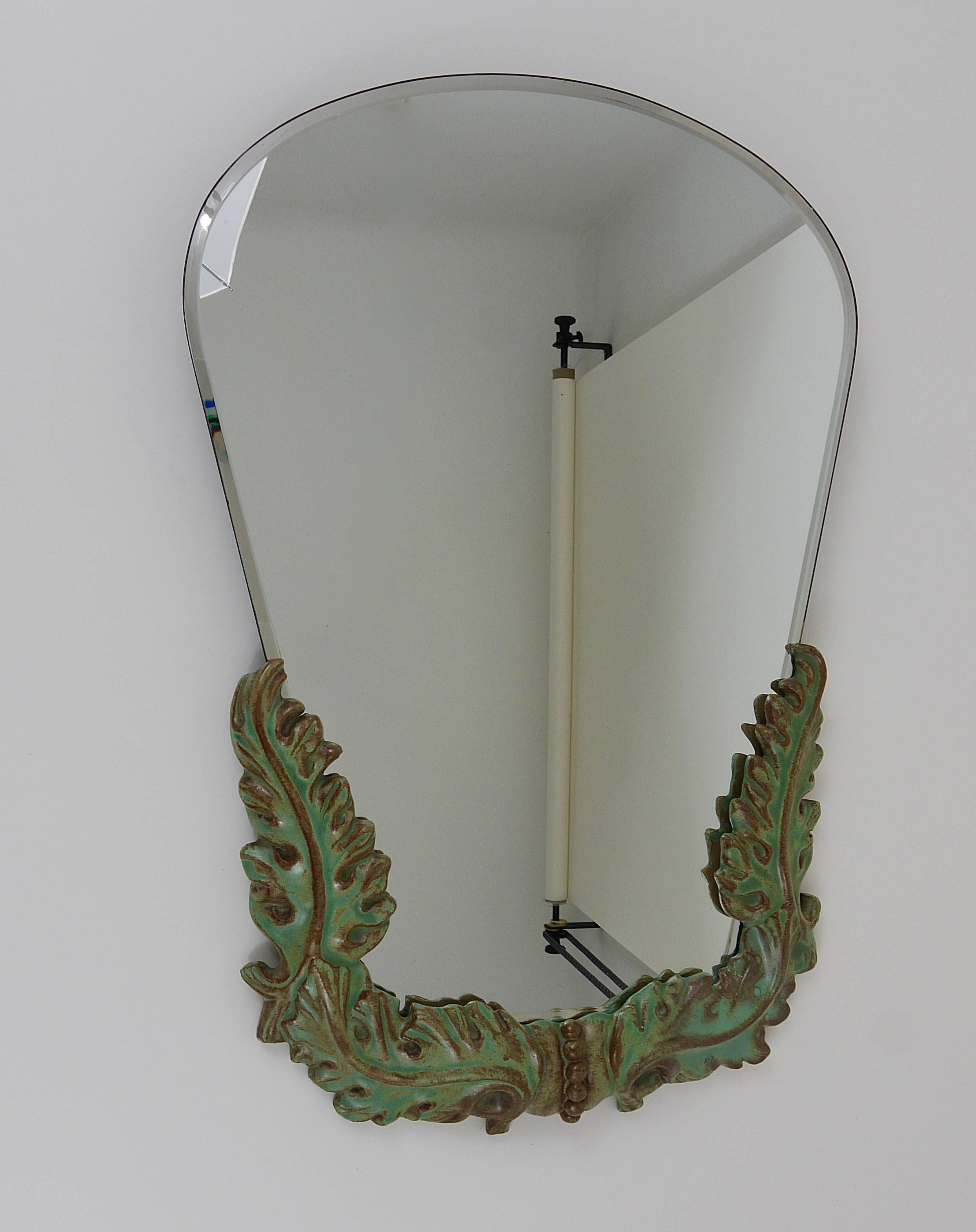 1930s Art Deco Leaves Faceted Wall Mirror, Pottery, Austria, 1930s 2