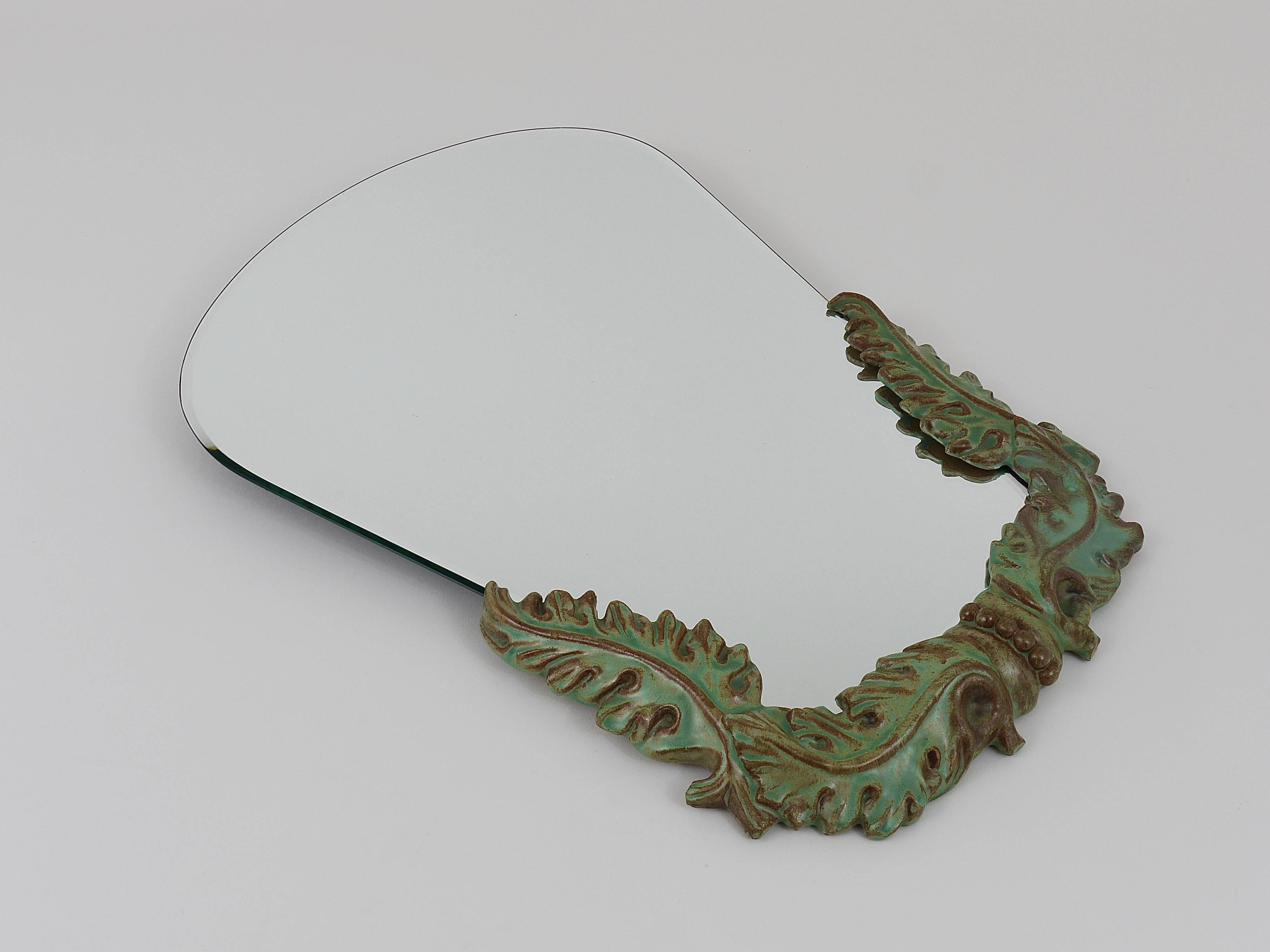 1930s Art Deco Leaves Faceted Wall Mirror, Pottery, Austria, 1930s 4