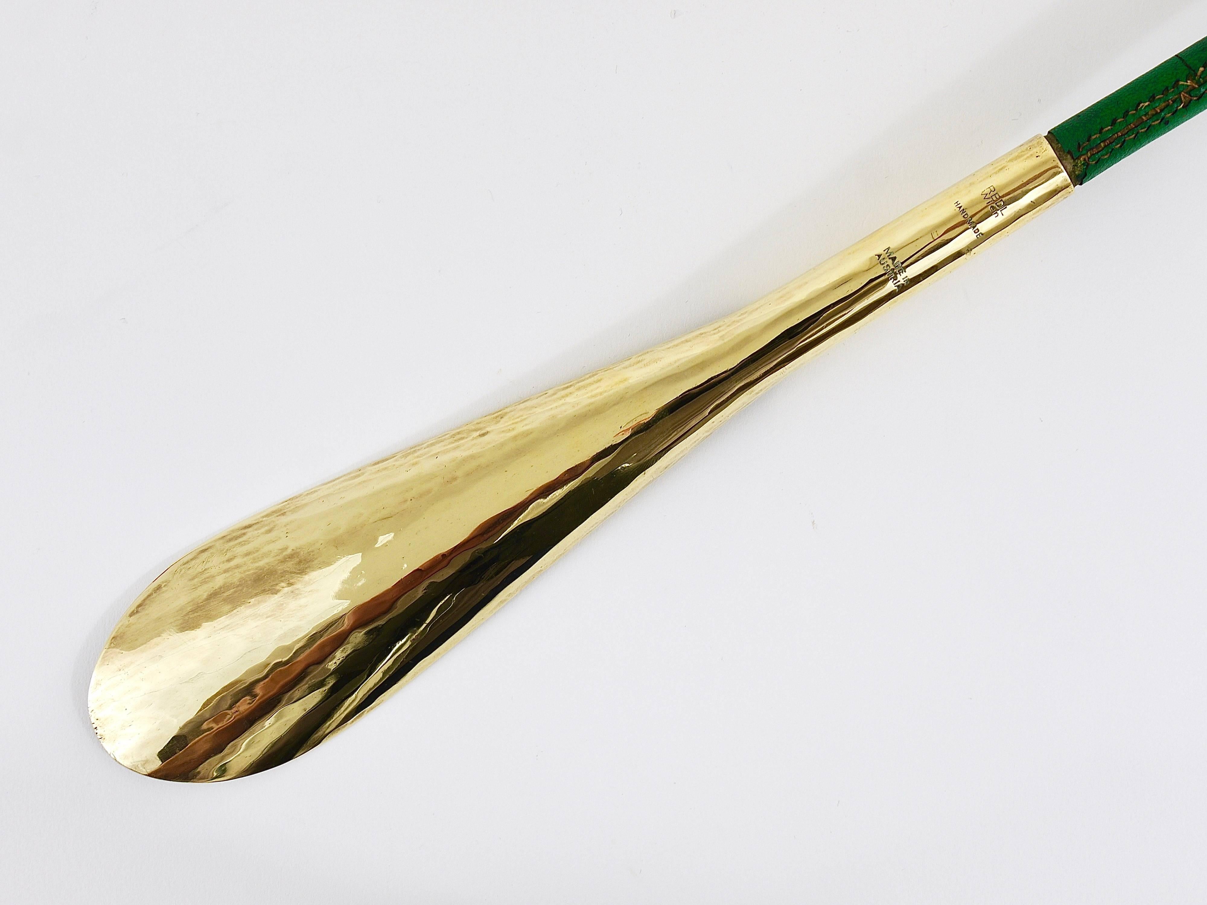 Mid-Century Modern Rare Carl Auböck Brass and Green Leather Shoehorn, Shoe Horn, Austria, 1950s
