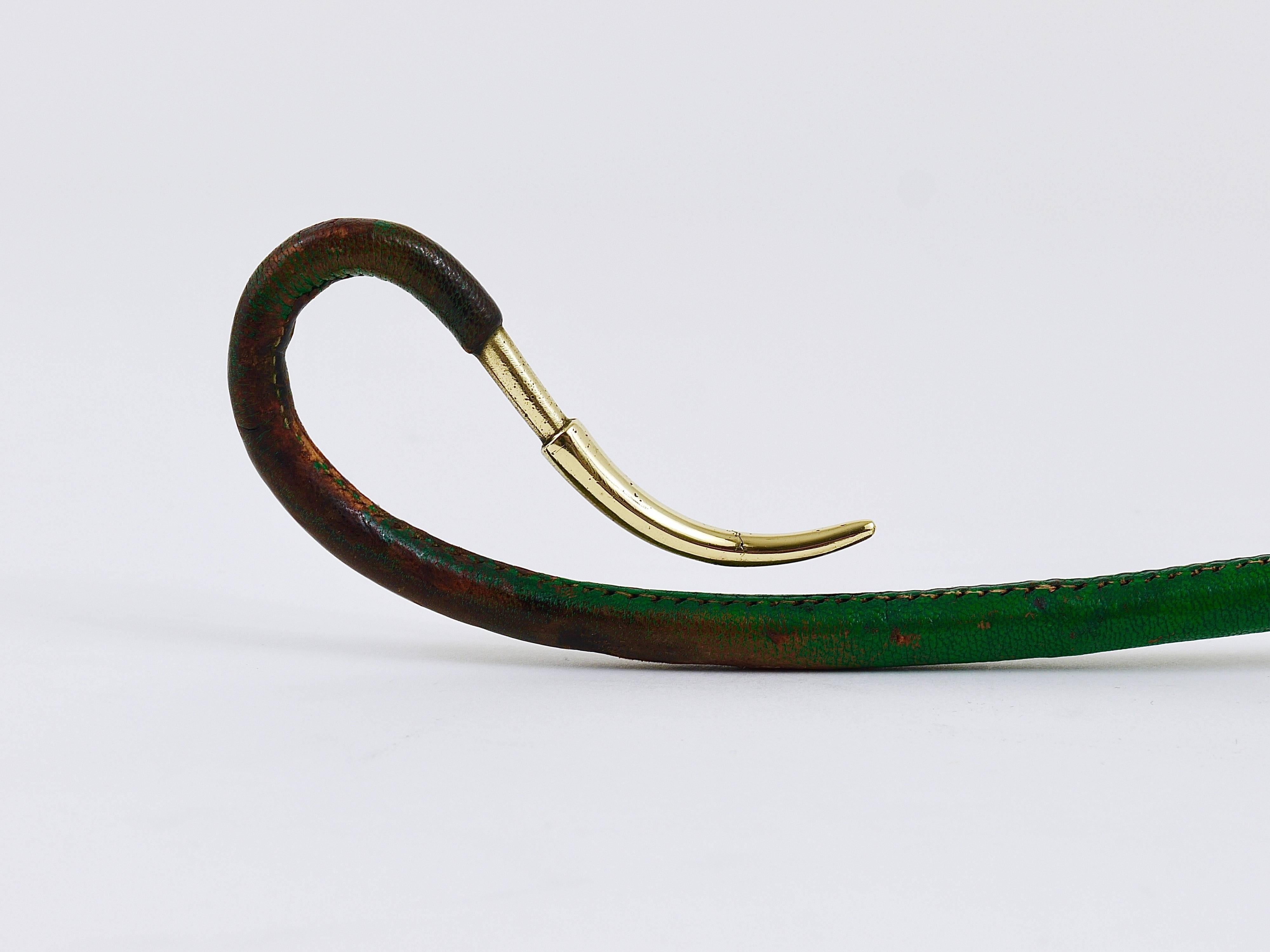 Hammered Rare Carl Auböck Brass and Green Leather Shoehorn, Shoe Horn, Austria, 1950s