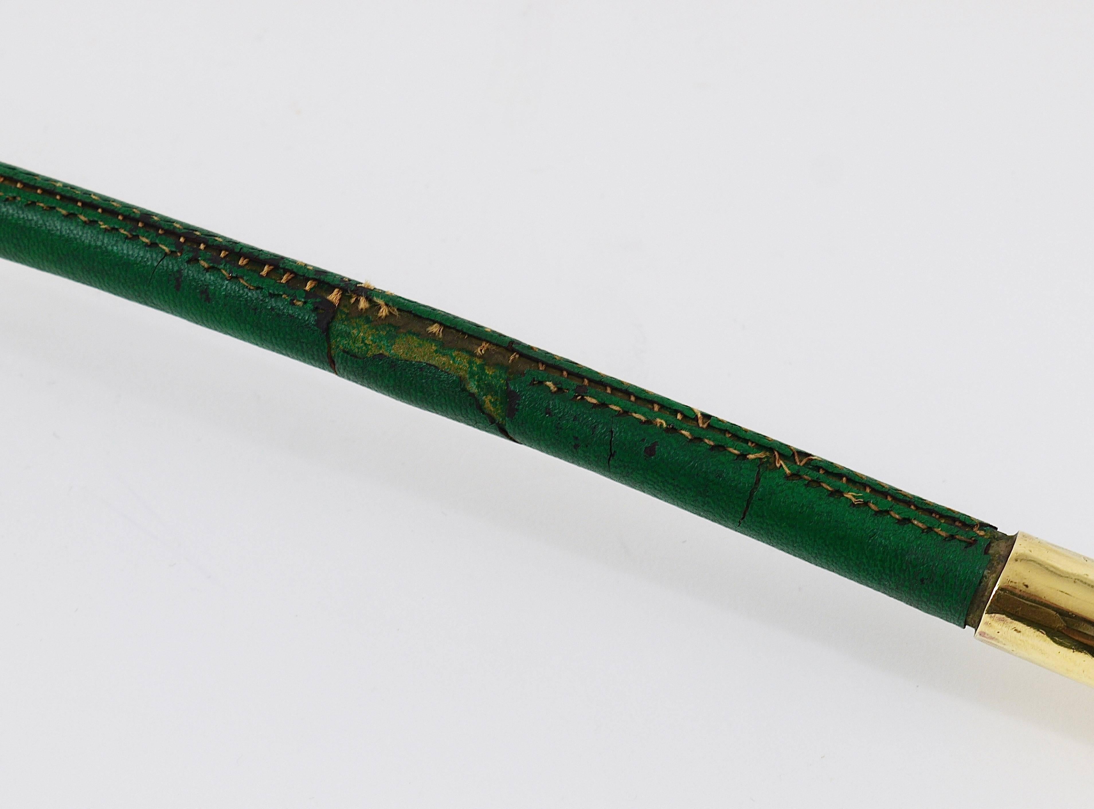 Austrian Rare Carl Auböck Brass and Green Leather Shoehorn, Shoe Horn, Austria, 1950s