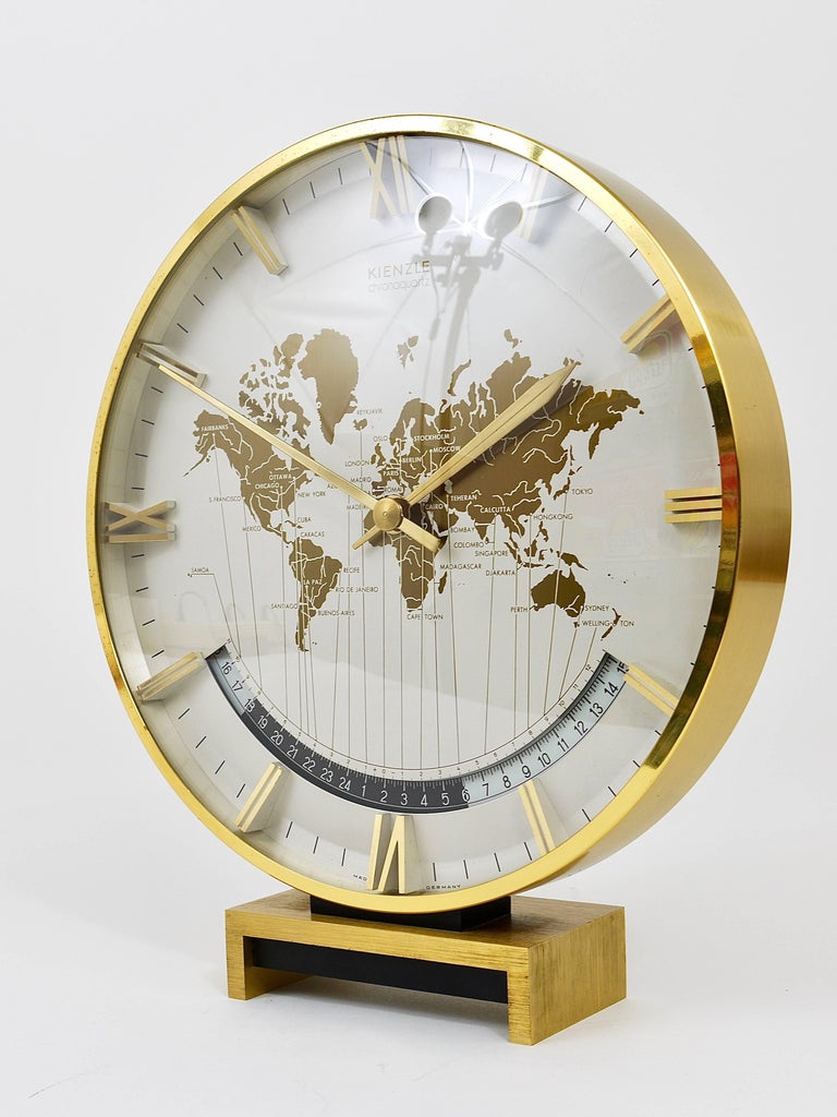 Large Midcentury Kienzle GMT World Time Zone Brass Table Clock, Germany, 1960s For Sale 1