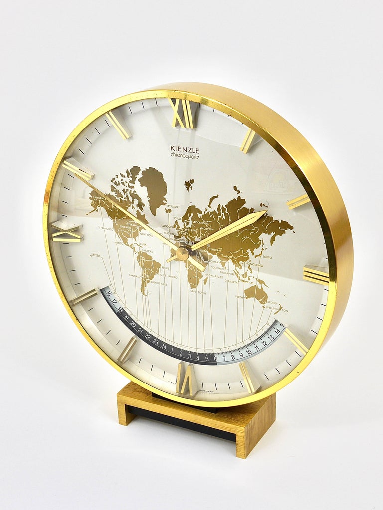 large-midcentury-kienzle-gmt-world-time-zone-brass-table-clock-germany