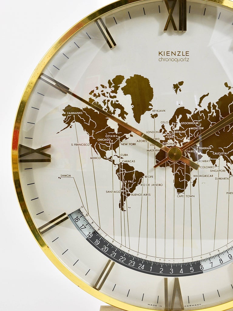 Large Midcentury Kienzle GMT World Time Zone Brass Table Clock, Germany, 1960s For Sale 3