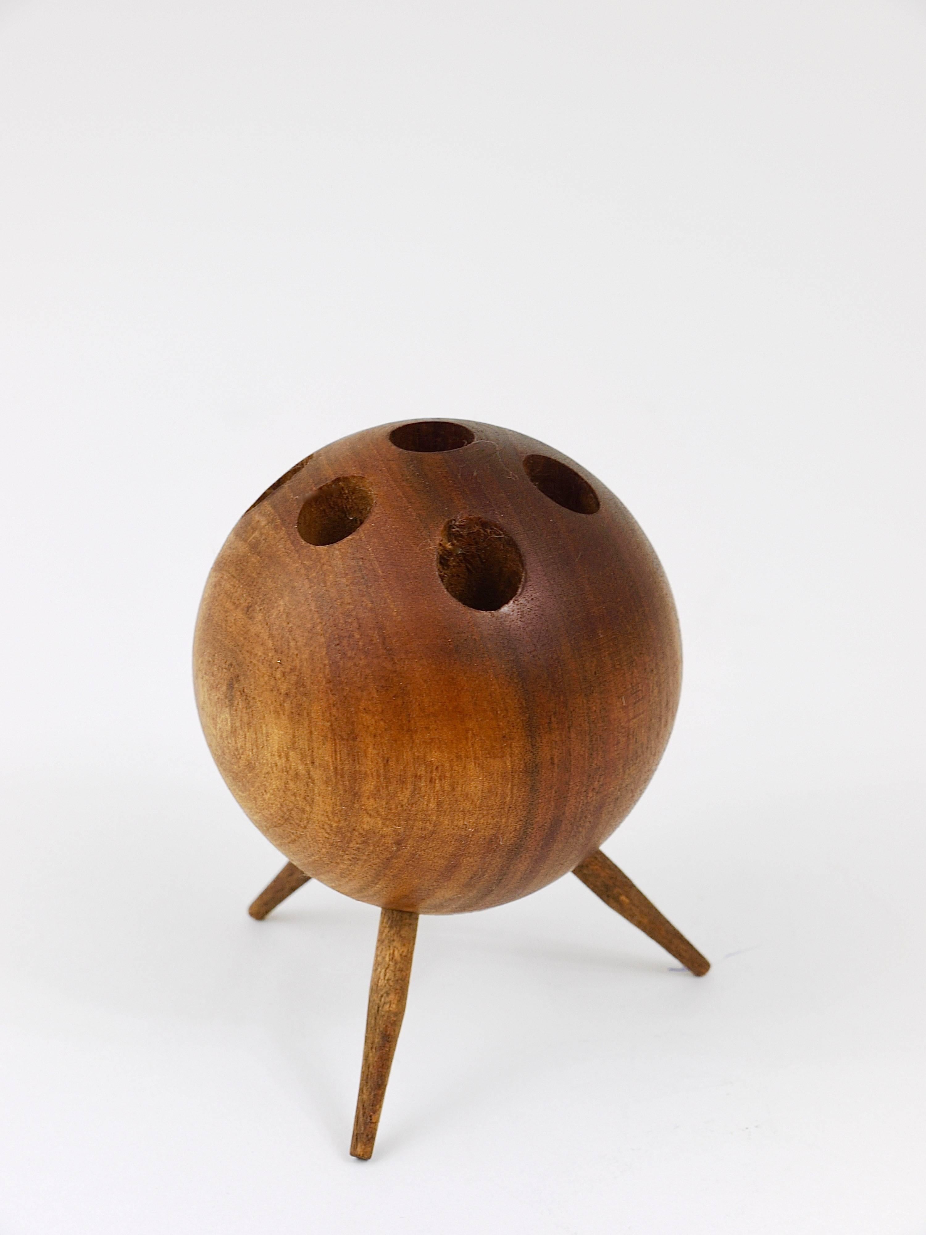 Wood Walnut Ball Tripod Candlestick Candleholder, Austria, 1950s For Sale