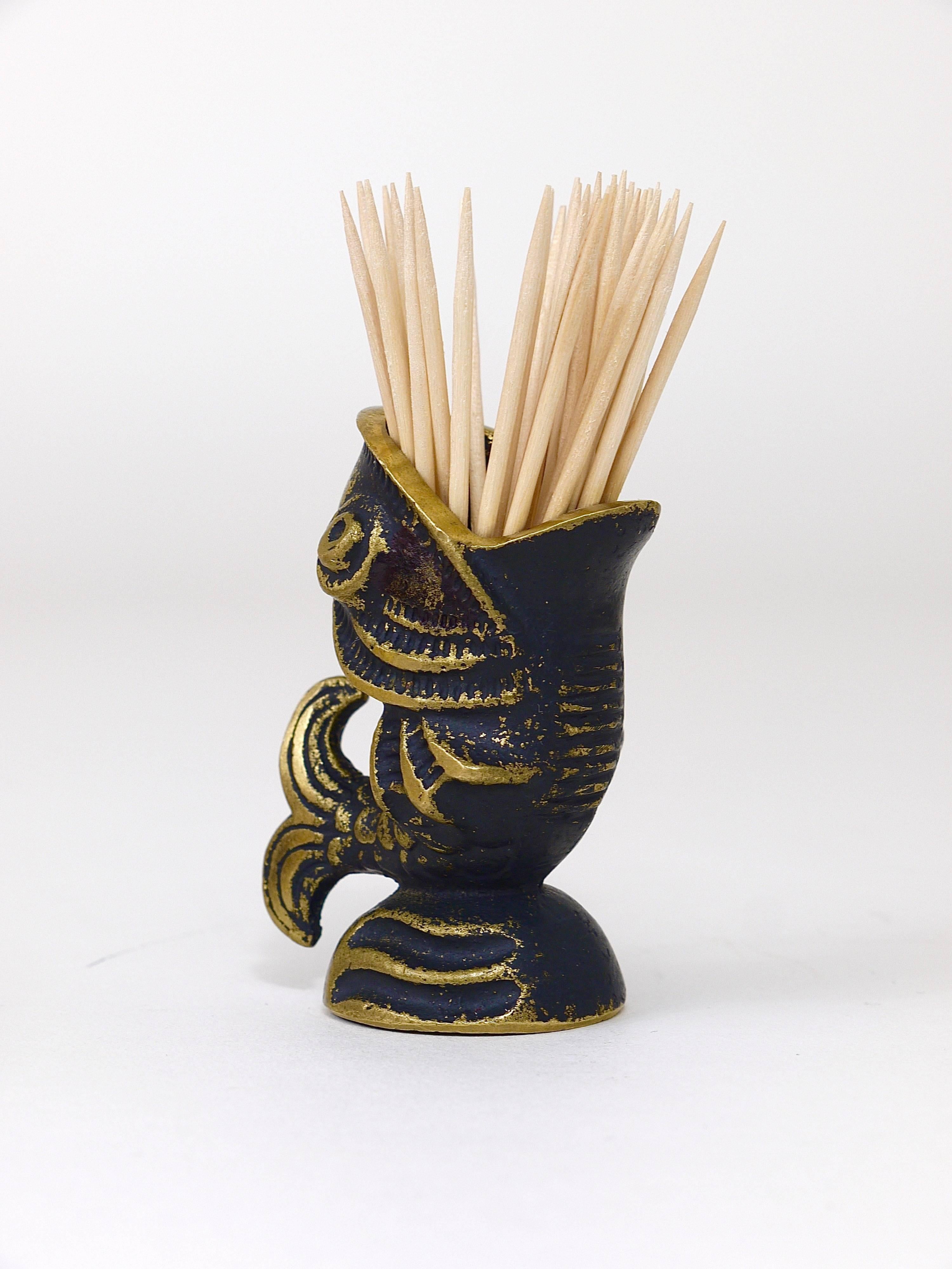 A toothpick holder in the shape of a fish. A very humorous design by Walter Bosse, executed by Hertha Baller Austria in the 1950s. Made of solid brass, in good condition with patina.