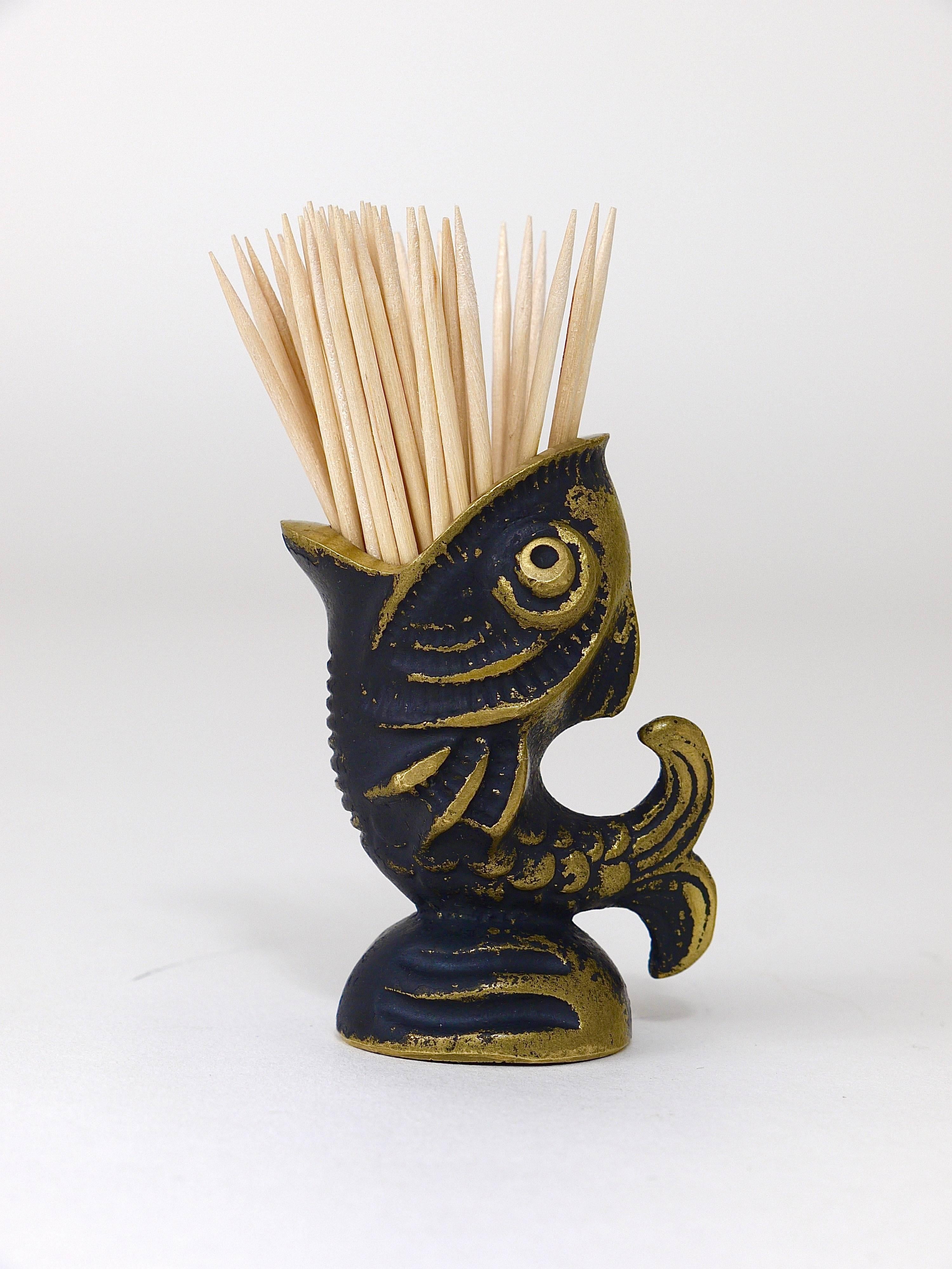 Mid-Century Modern Walter Bosse Fish Brass Sculpture Toothpick Stand, Hertha Baller, Austria, 1950s