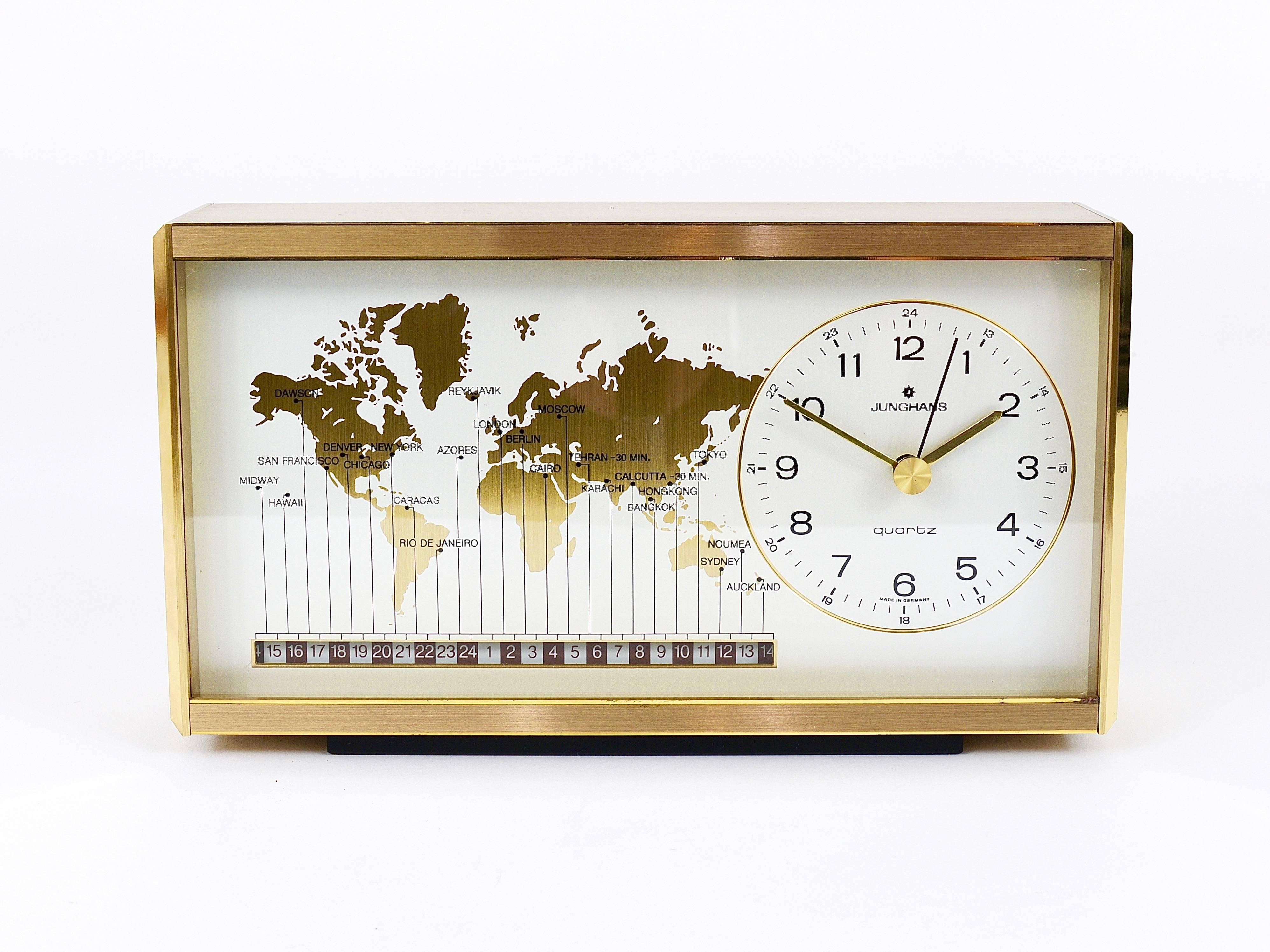 Midcentury Junghans GMT World Time Zone Brass Table Clock, Germany, 1970s 3