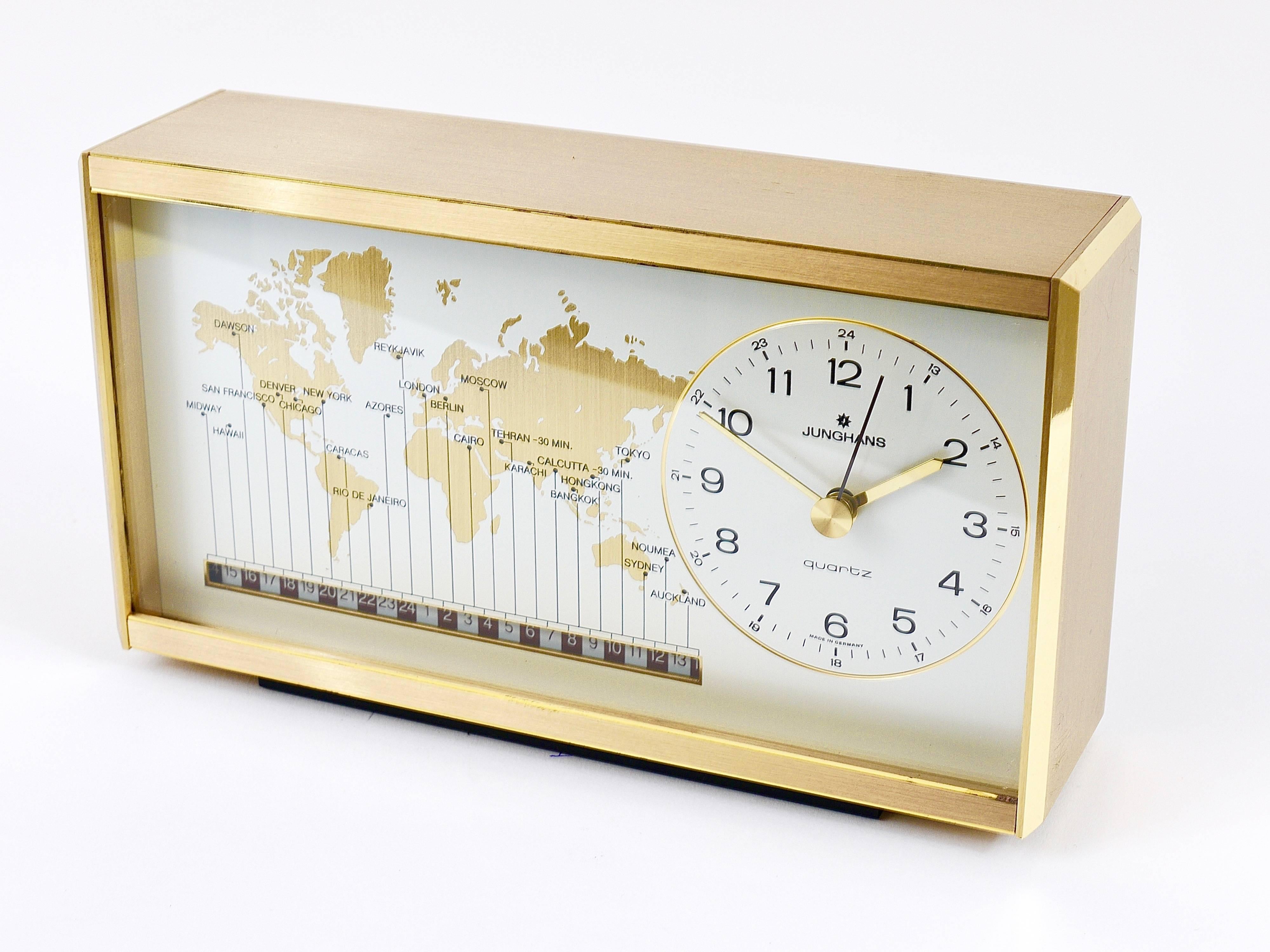Midcentury Junghans GMT World Time Zone Brass Table Clock, Germany, 1970s 4