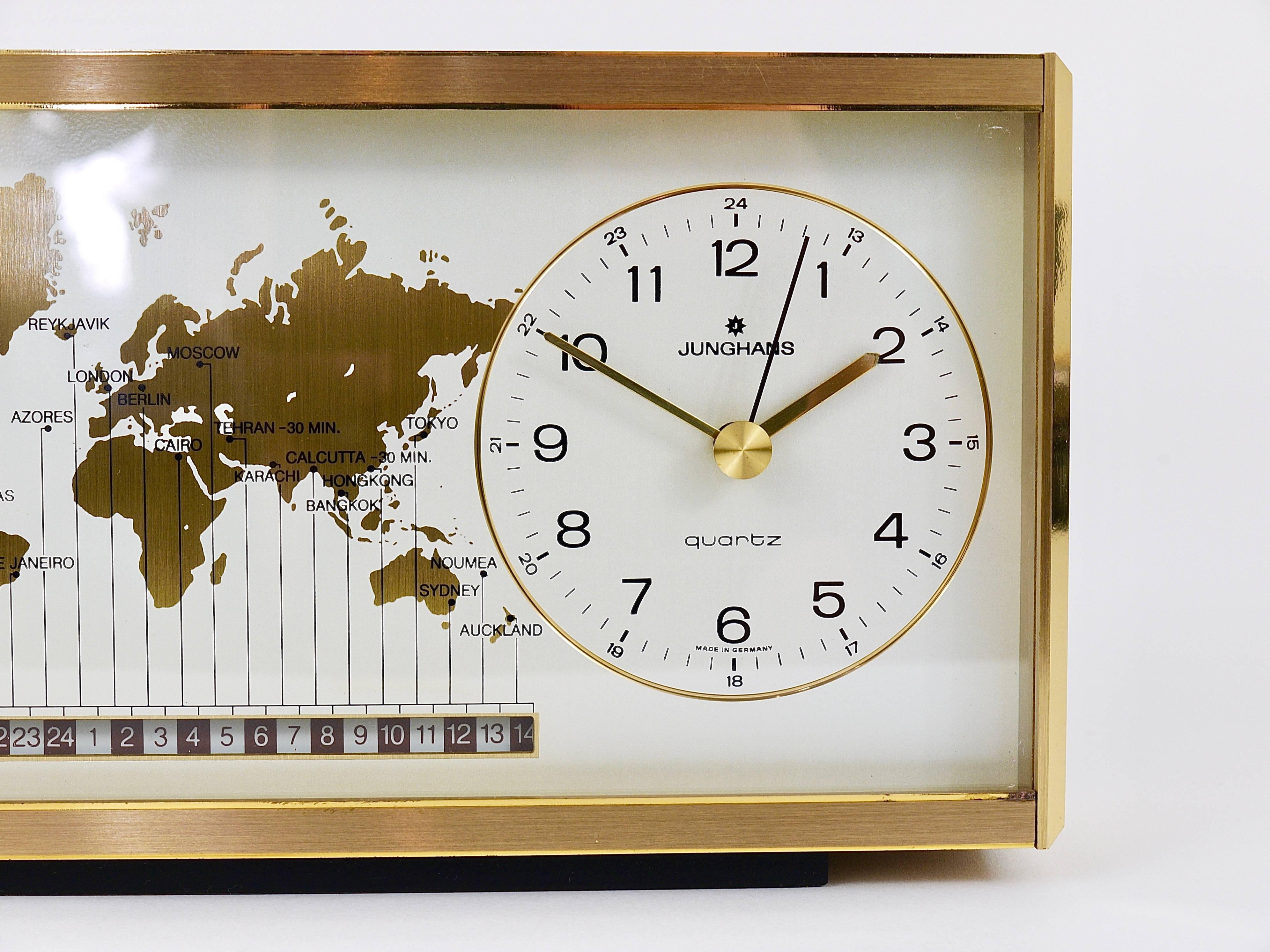 20th Century Midcentury Junghans GMT World Time Zone Brass Table Clock, Germany, 1970s