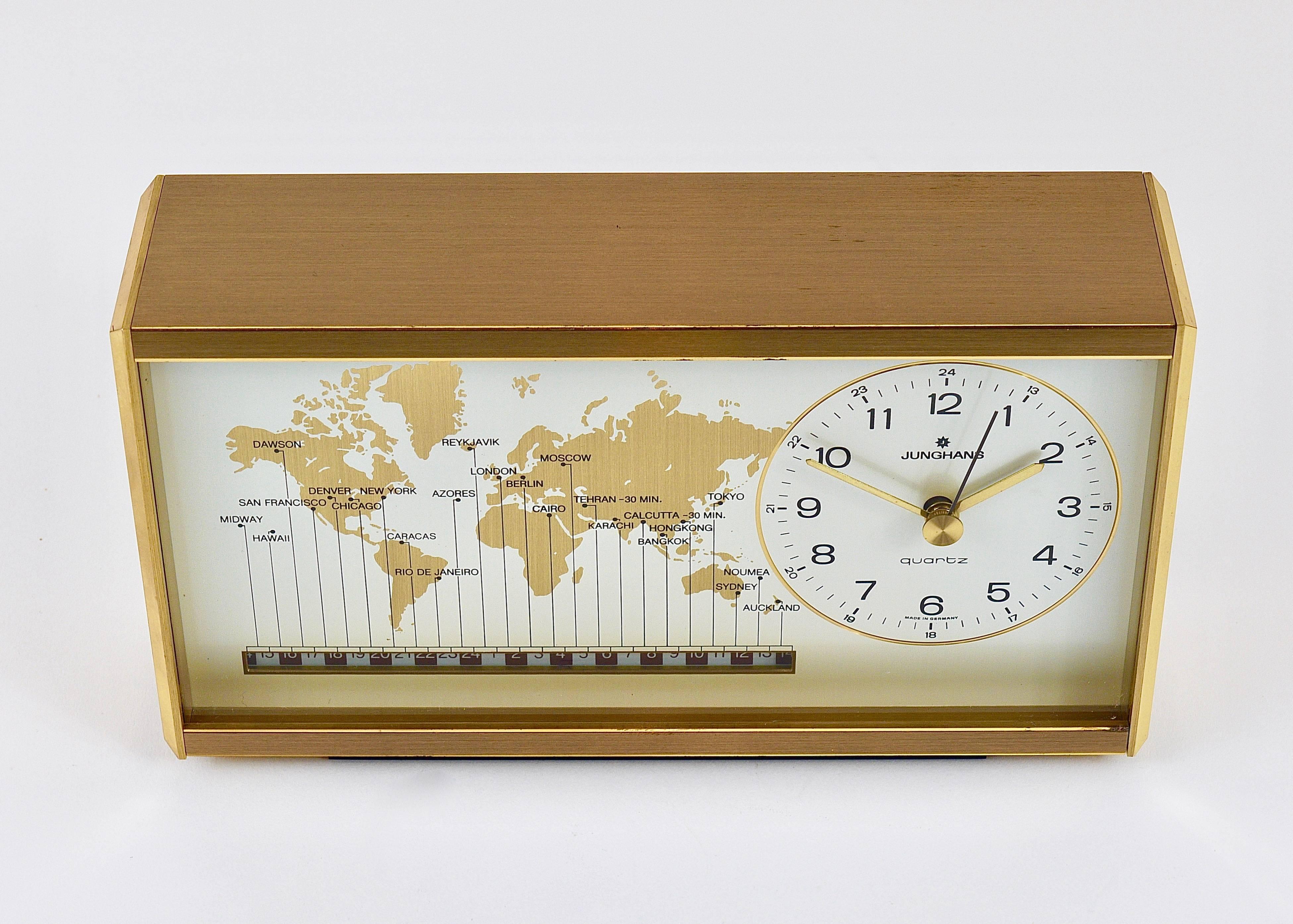 Midcentury Junghans GMT World Time Zone Brass Table Clock, Germany, 1970s 5