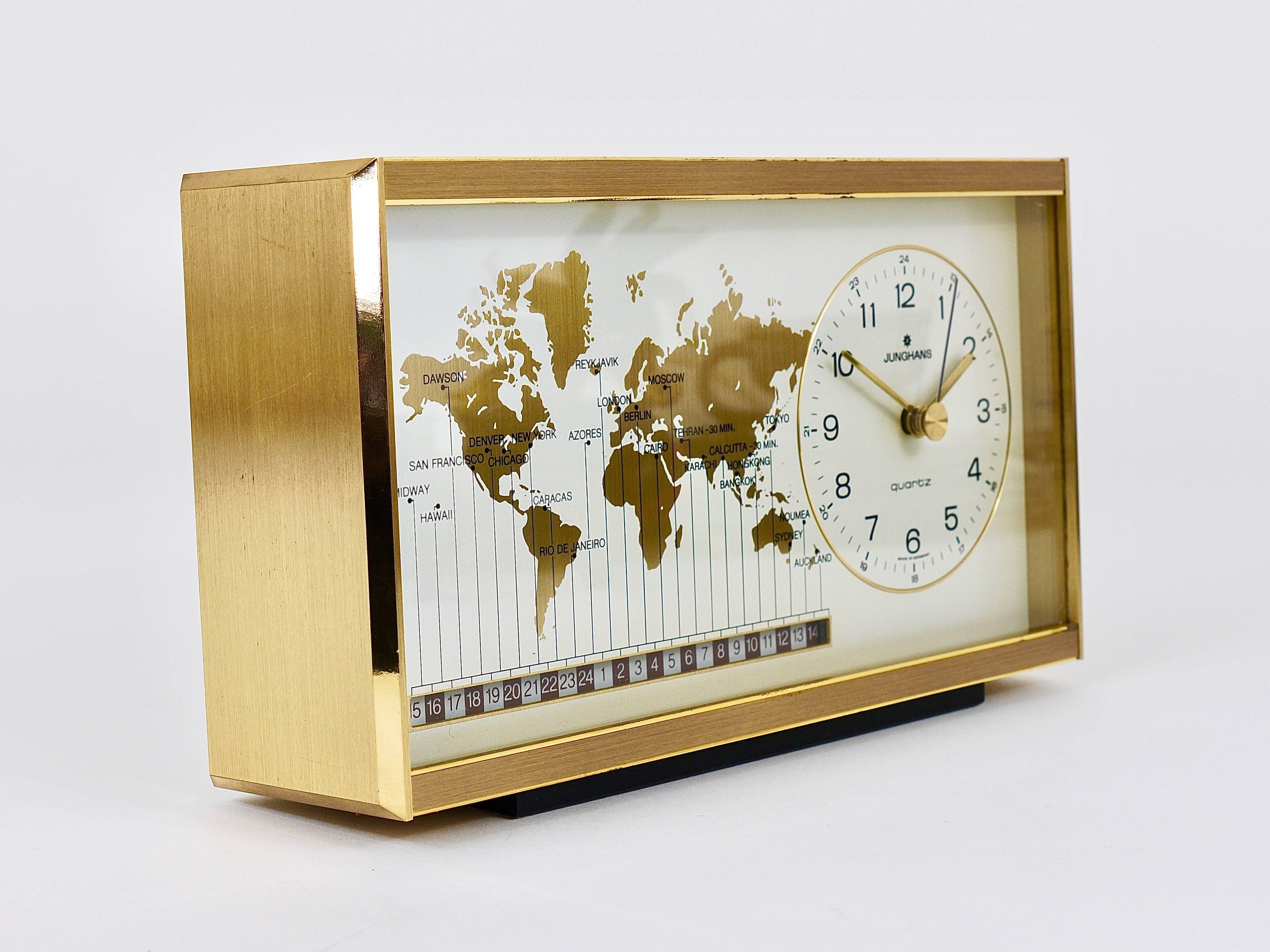 Mid-Century Modern Midcentury Junghans GMT World Time Zone Brass Table Clock, Germany, 1970s