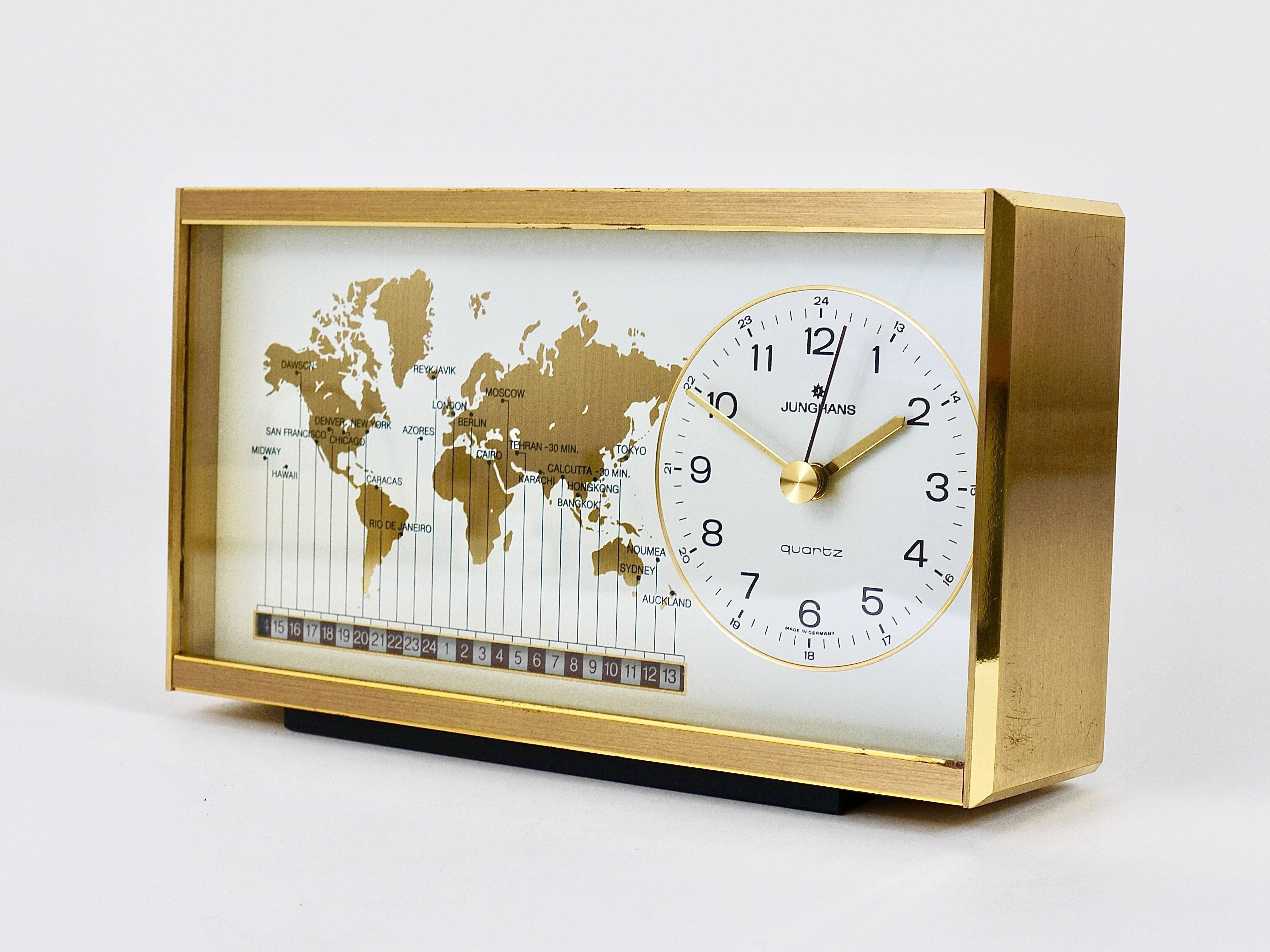 Midcentury Junghans GMT World Time Zone Brass Table Clock, Germany, 1970s 2