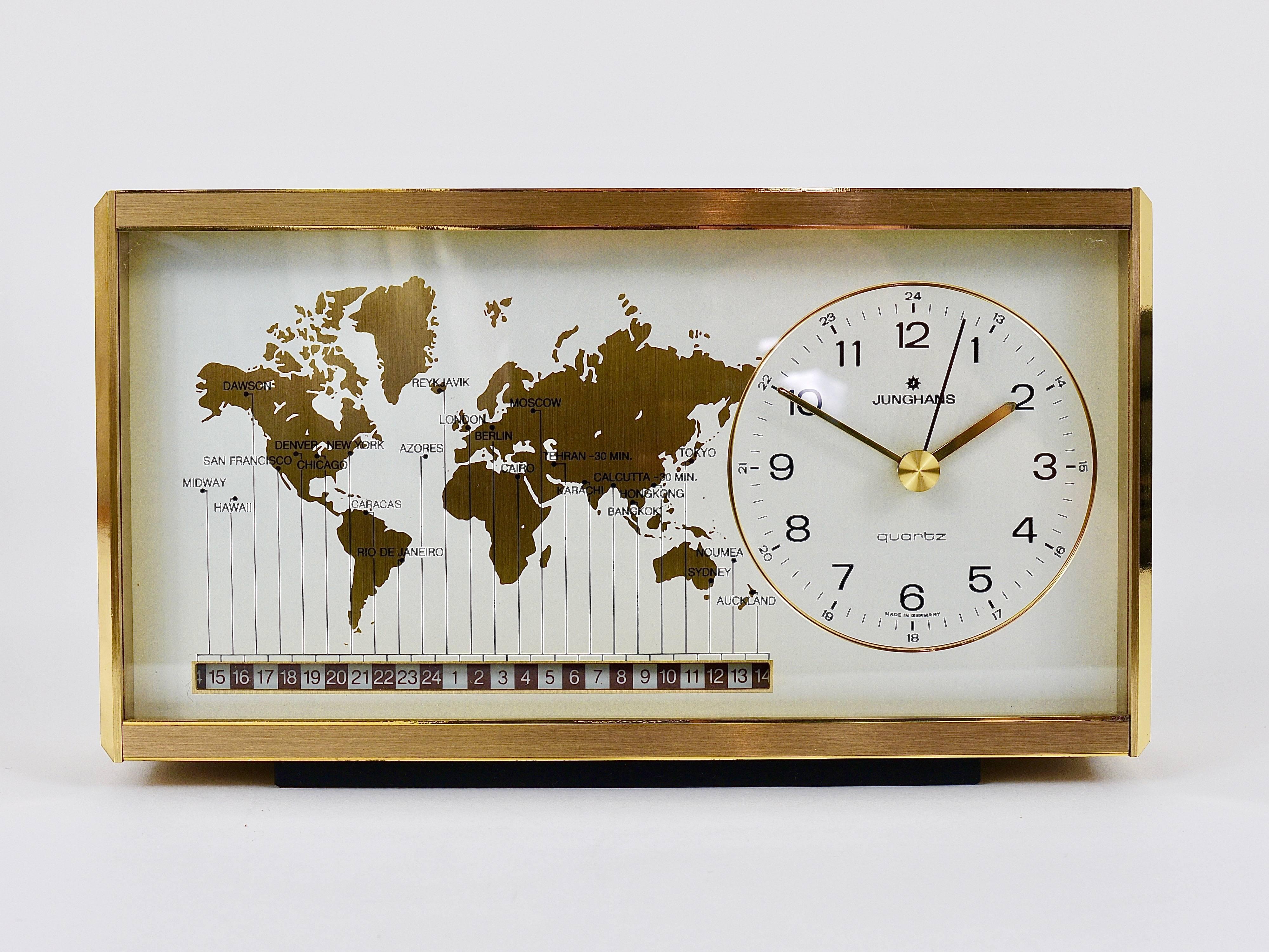 Midcentury Junghans GMT World Time Zone Brass Table Clock, Germany, 1970s 1