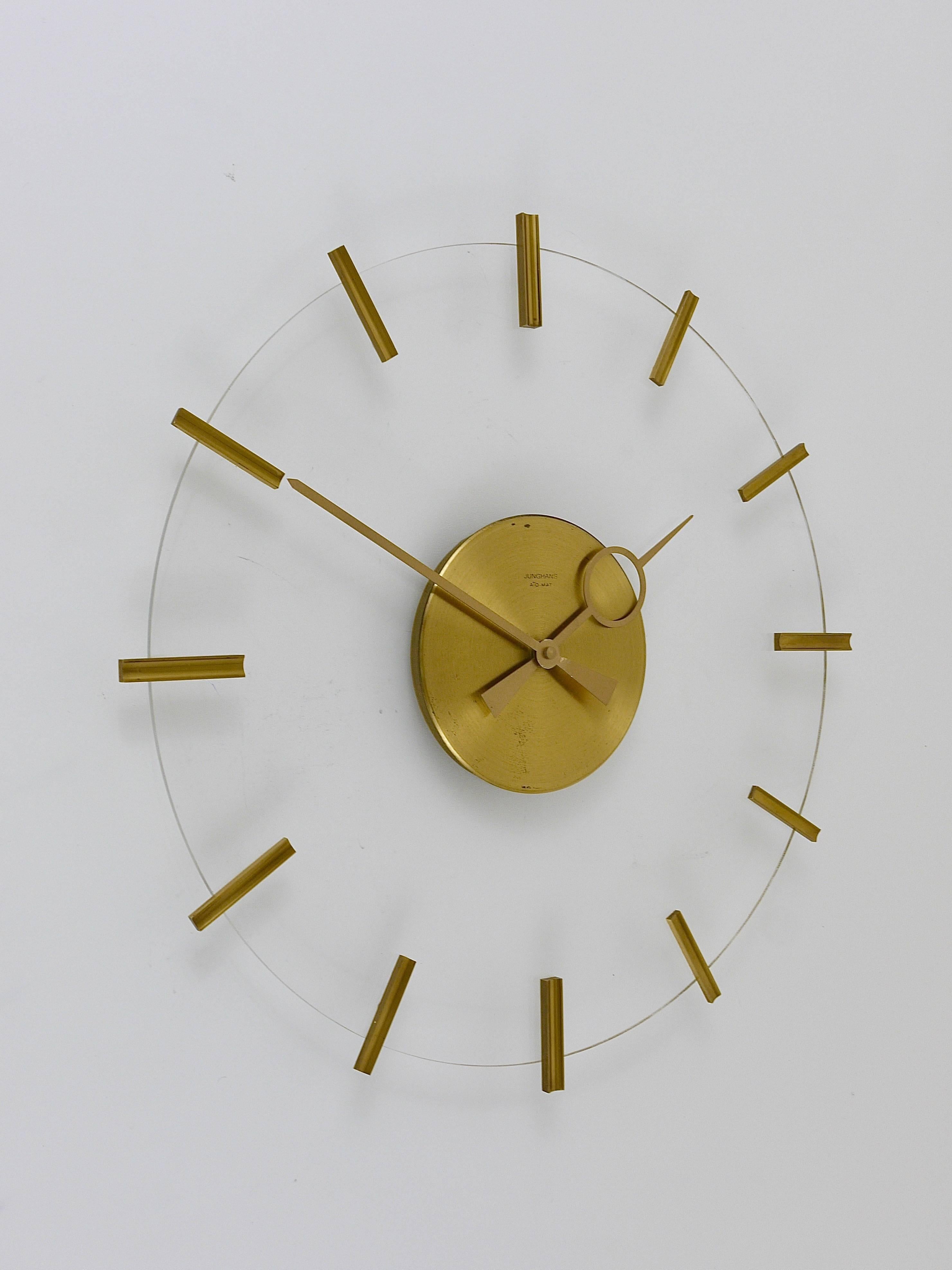 Mid-Century Modern Junghans Ato-Mat Lucite Brass Midcentury Sun Wall Clock, Germany, 1950s