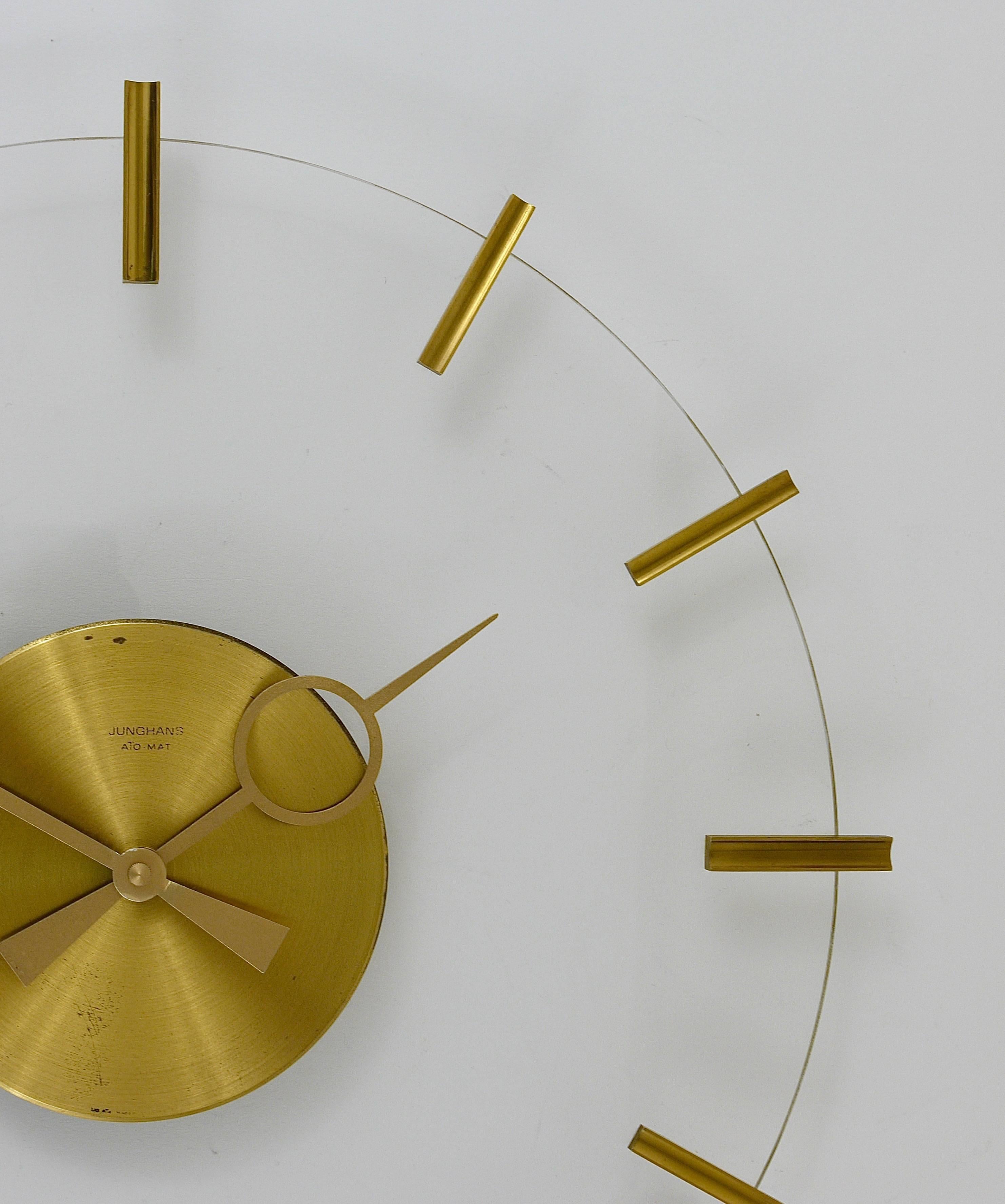 Junghans Ato-Mat Lucite Brass Midcentury Sun Wall Clock, Germany, 1950s 1