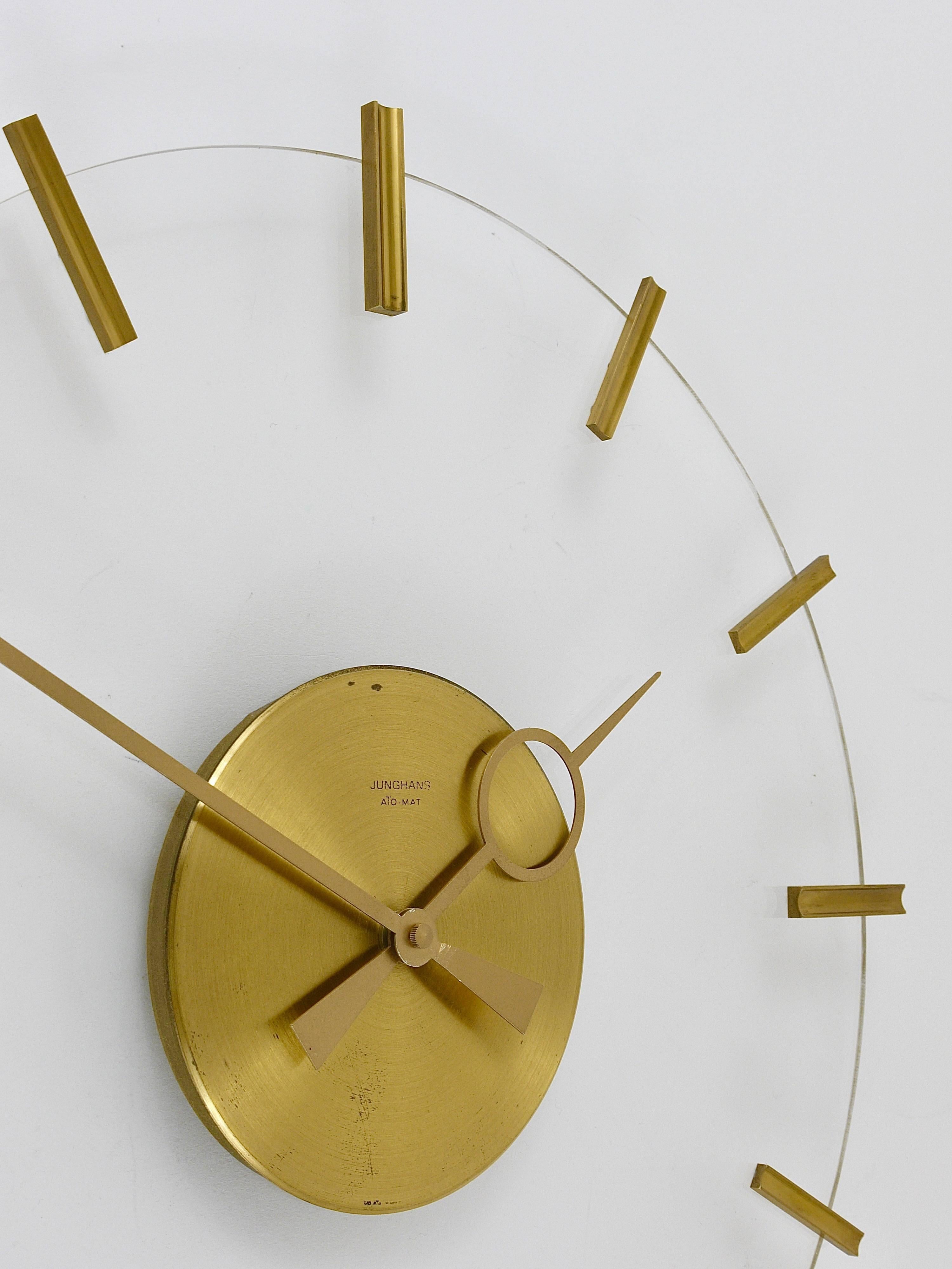 20th Century Junghans Ato-Mat Lucite Brass Midcentury Sun Wall Clock, Germany, 1950s