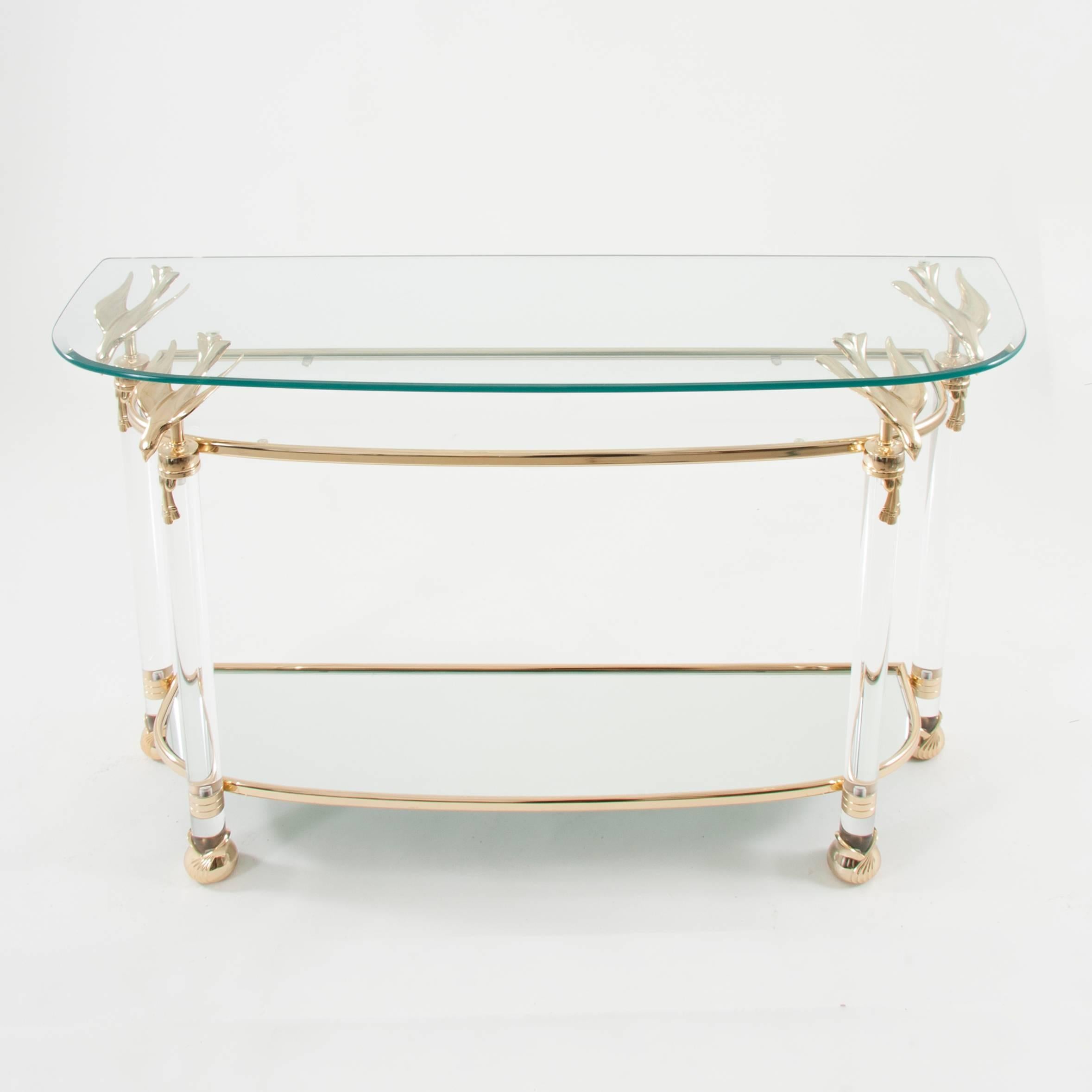 Solid Lucite Brass Birds Hollywood Regency Console Table, Italy, 1970s 4