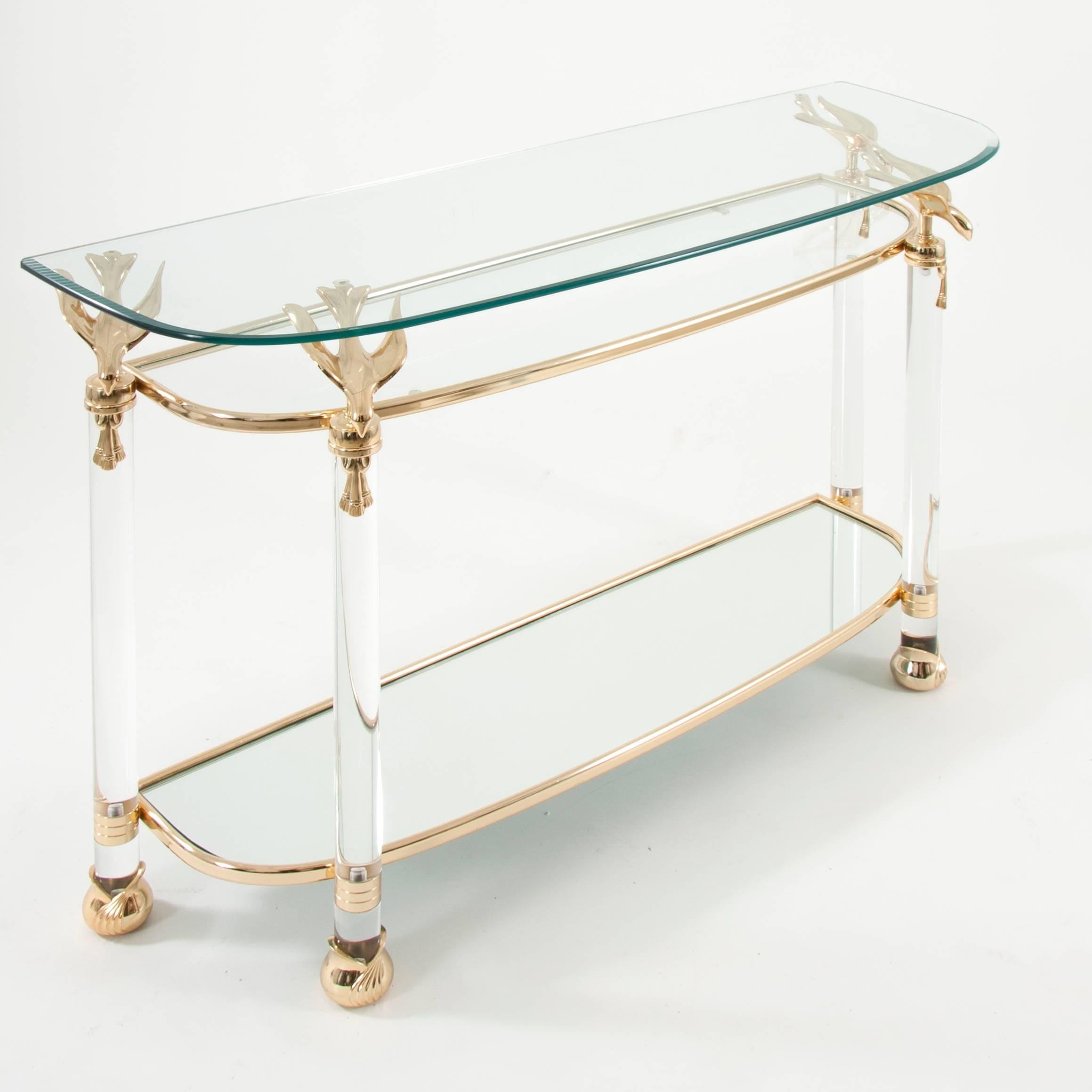 Solid Lucite Brass Birds Hollywood Regency Console Table, Italy, 1970s 3