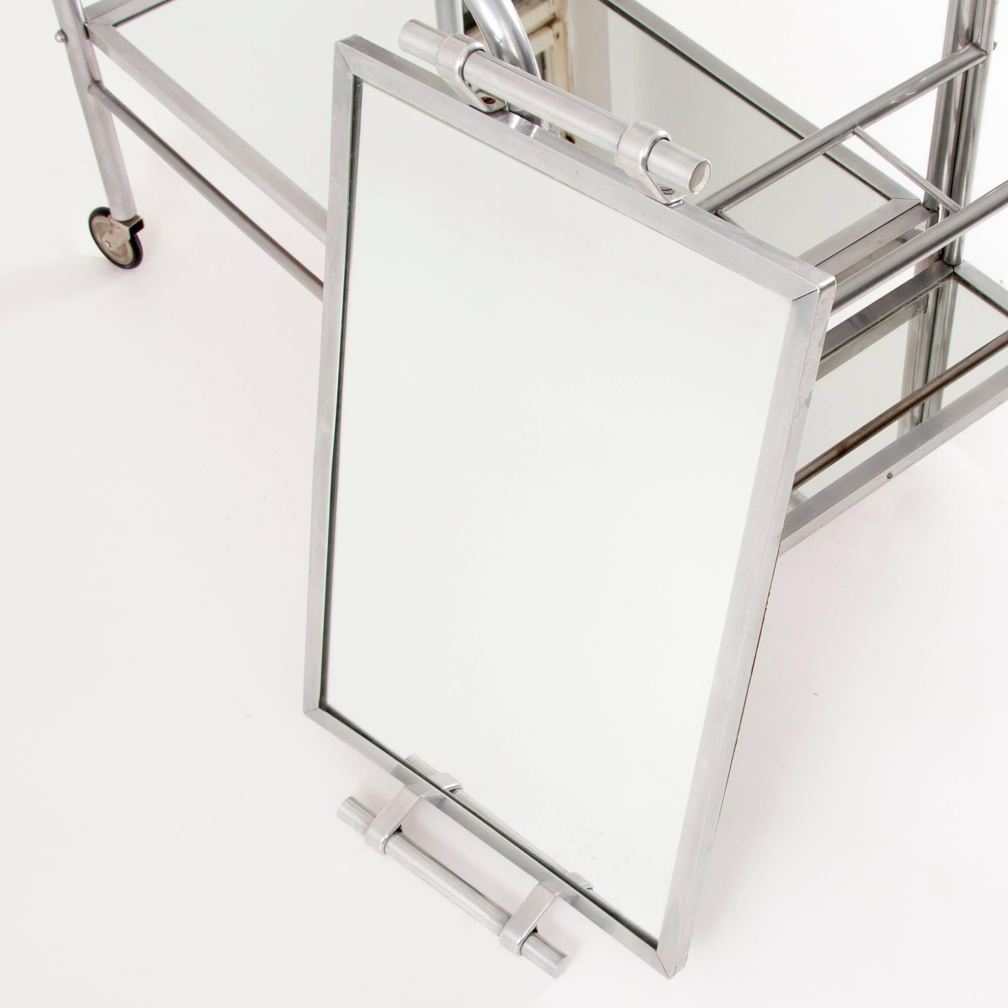 French Art Deco Serving Bar Cart with Mirror Tray, Jacques Adnet Attributed, France