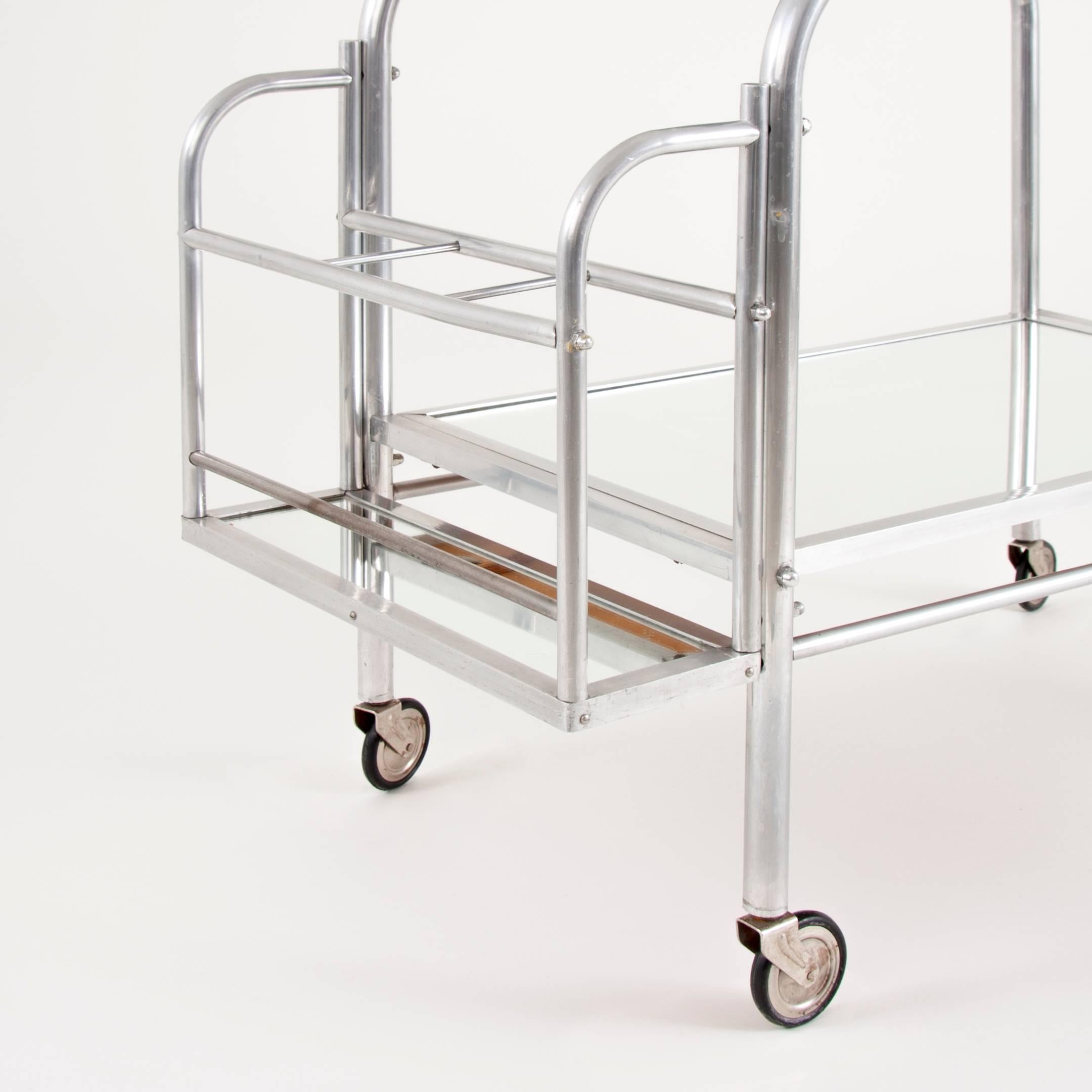 Aluminum Art Deco Serving Bar Cart with Mirror Tray, Jacques Adnet Attributed, France