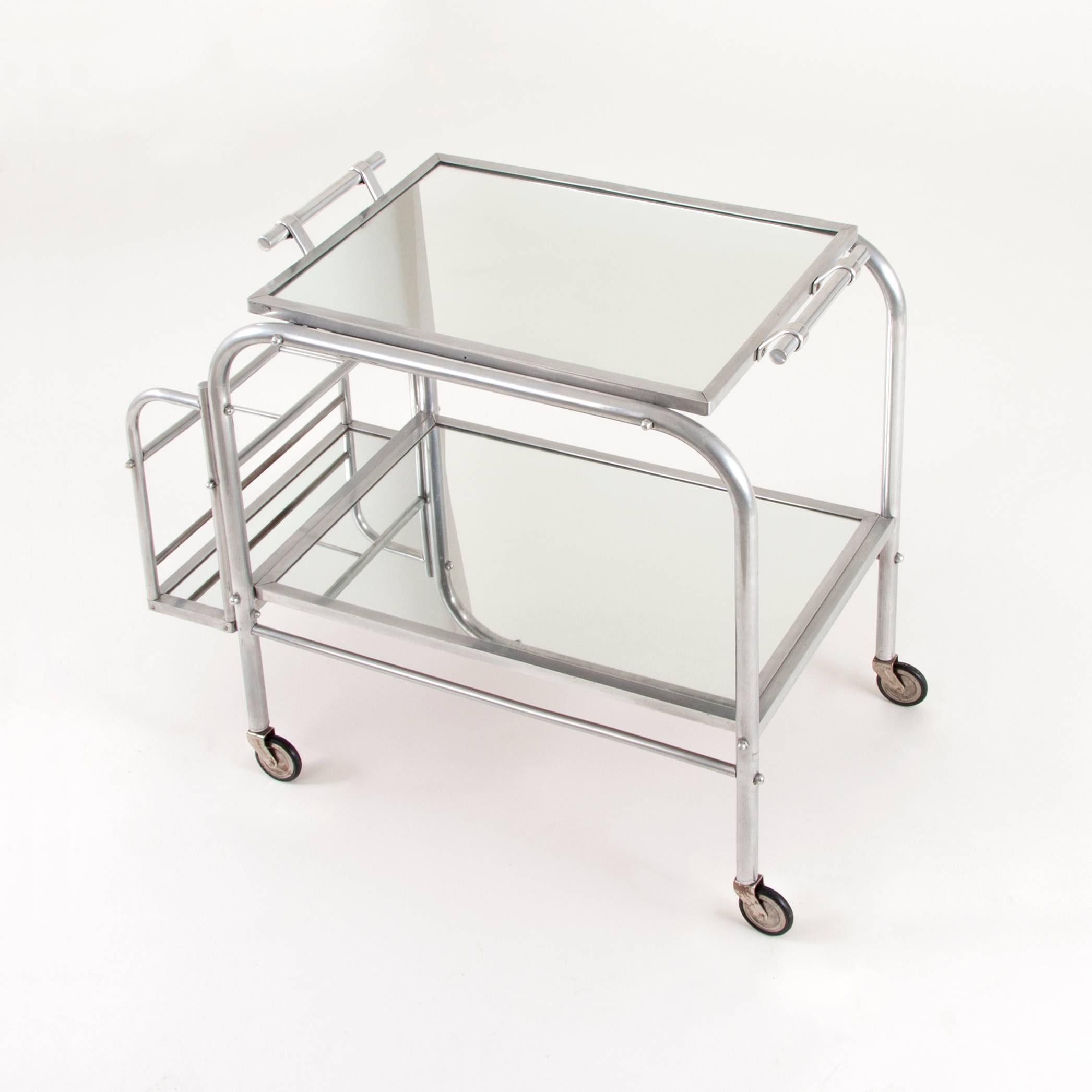 Mid-20th Century Art Deco Serving Bar Cart with Mirror Tray, Jacques Adnet Attributed, France