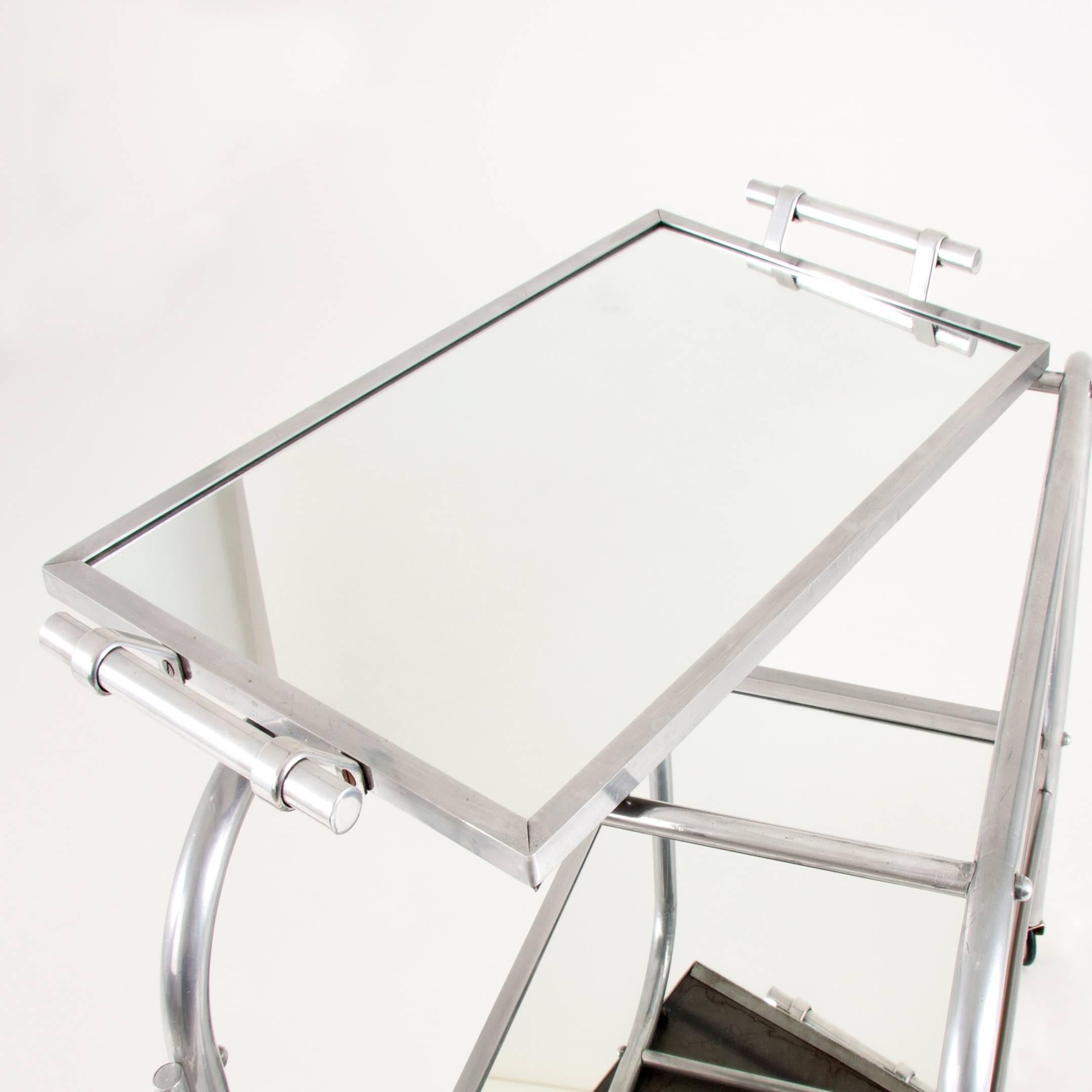 Art Deco Serving Bar Cart with Mirror Tray, Jacques Adnet Attributed, France 4