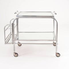 Art Deco Serving Bar Cart with Mirror Tray, Jacques Adnet Attributed, France