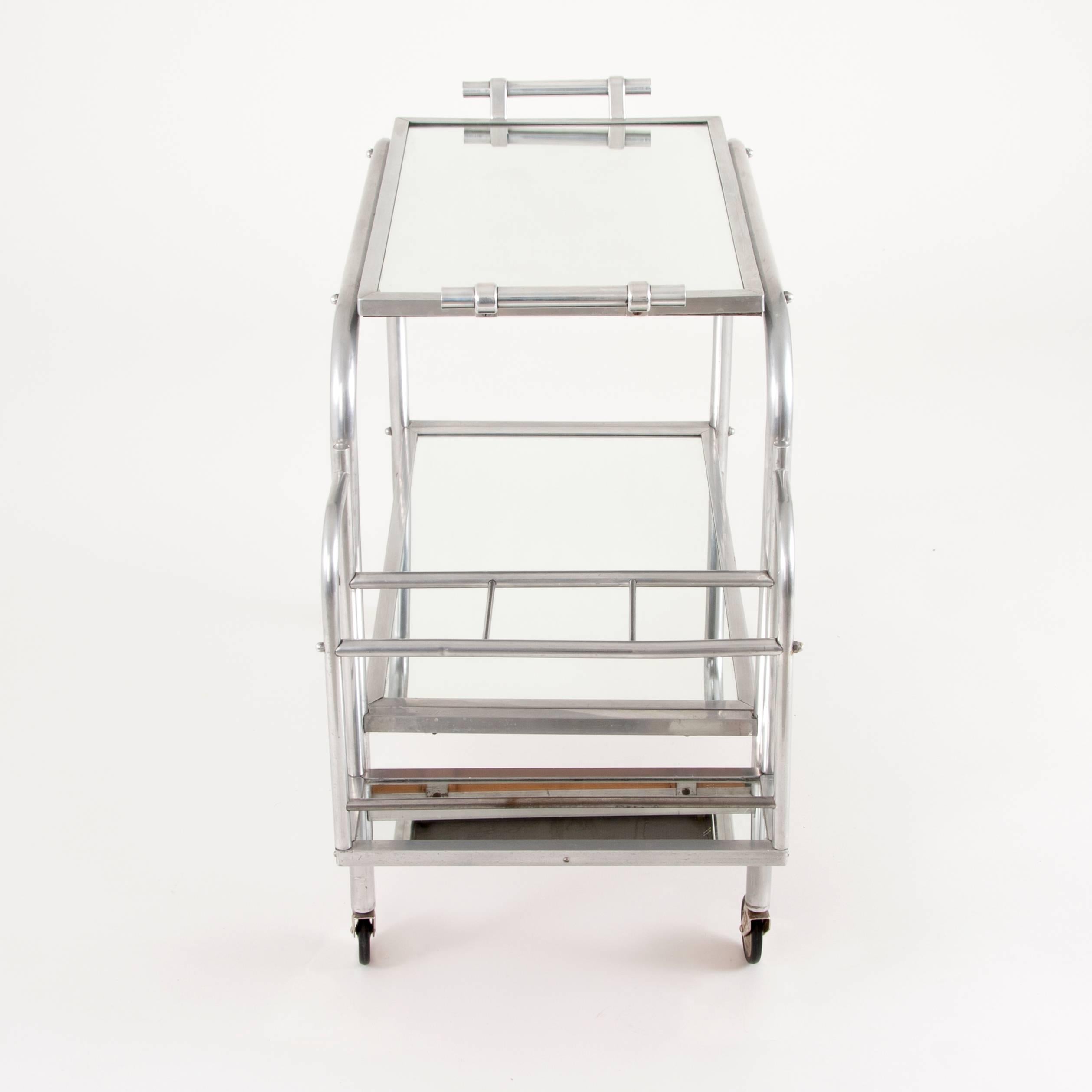 Art Deco Serving Bar Cart with Mirror Tray, Jacques Adnet Attributed, France 2