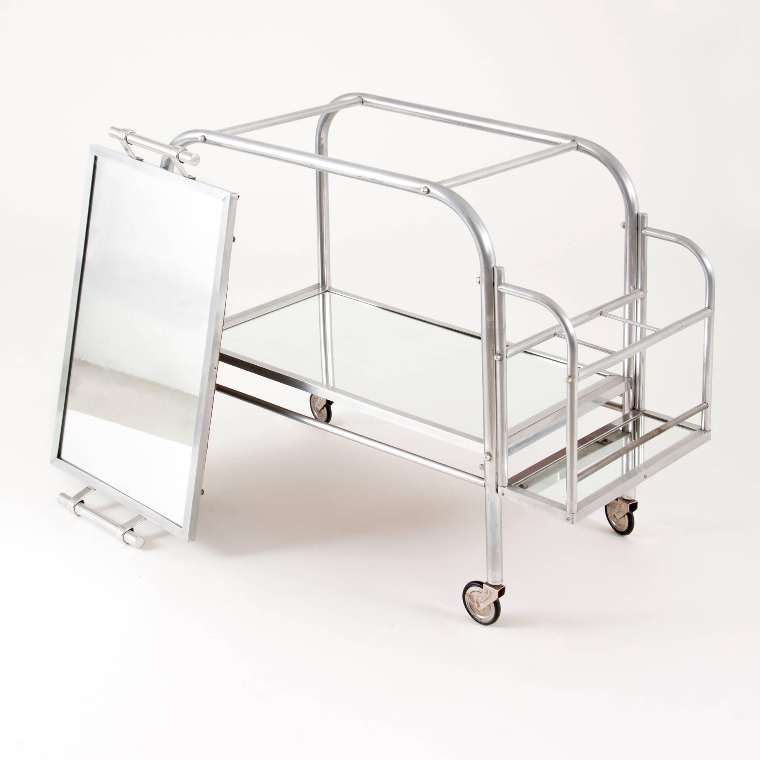 Art Deco Serving Bar Cart with Mirror Tray, Jacques Adnet Attributed, France 1