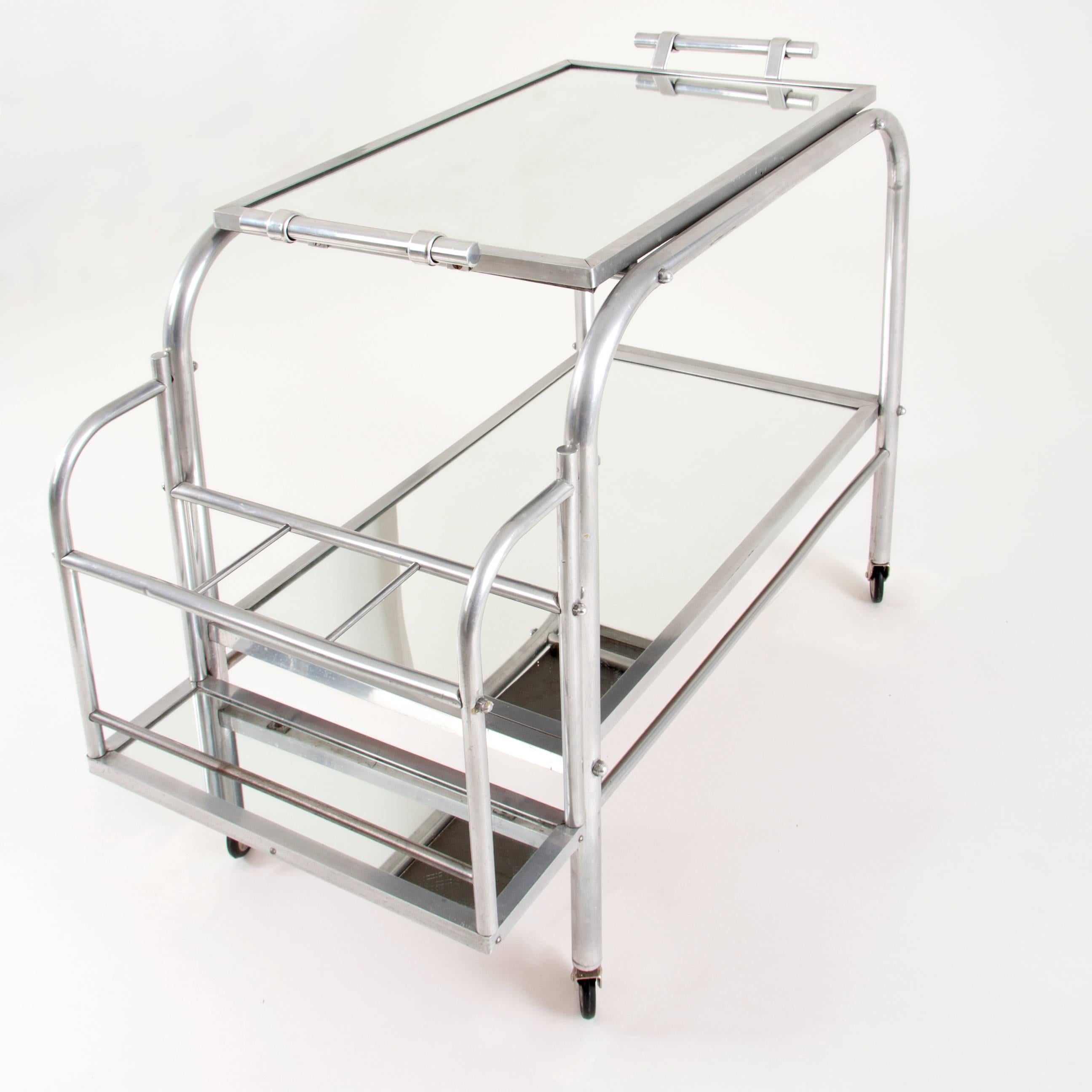 Art Deco Serving Bar Cart with Mirror Tray, Jacques Adnet Attributed, France 3