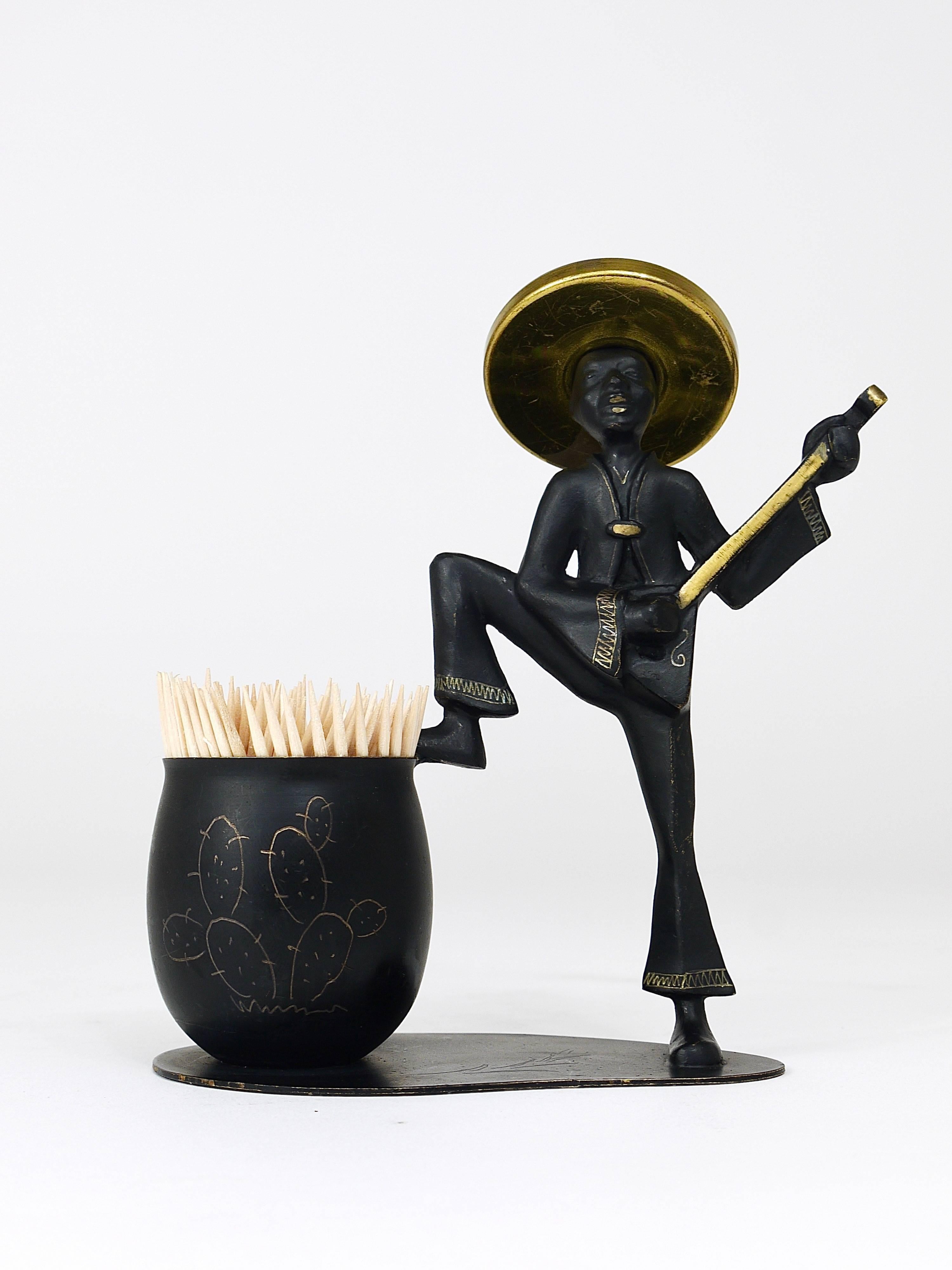 Brass Mexican Playing Guitar Sculptural Toothpick Stand, Hertha Baller, Austria, 1950s