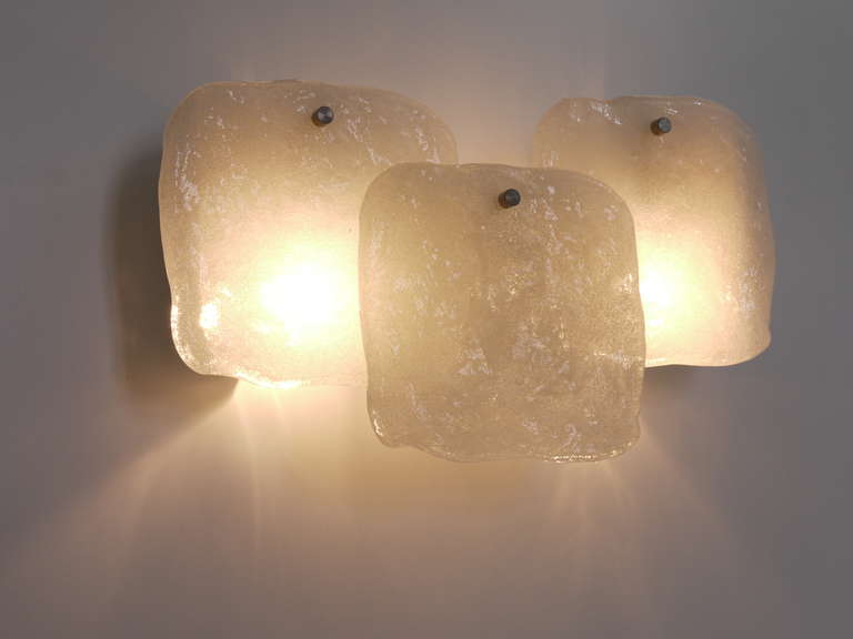 Up to Four Kalmar Frosted Ice Glass Panel Sconces Modernist Wall Lamps, 1960s For Sale 1