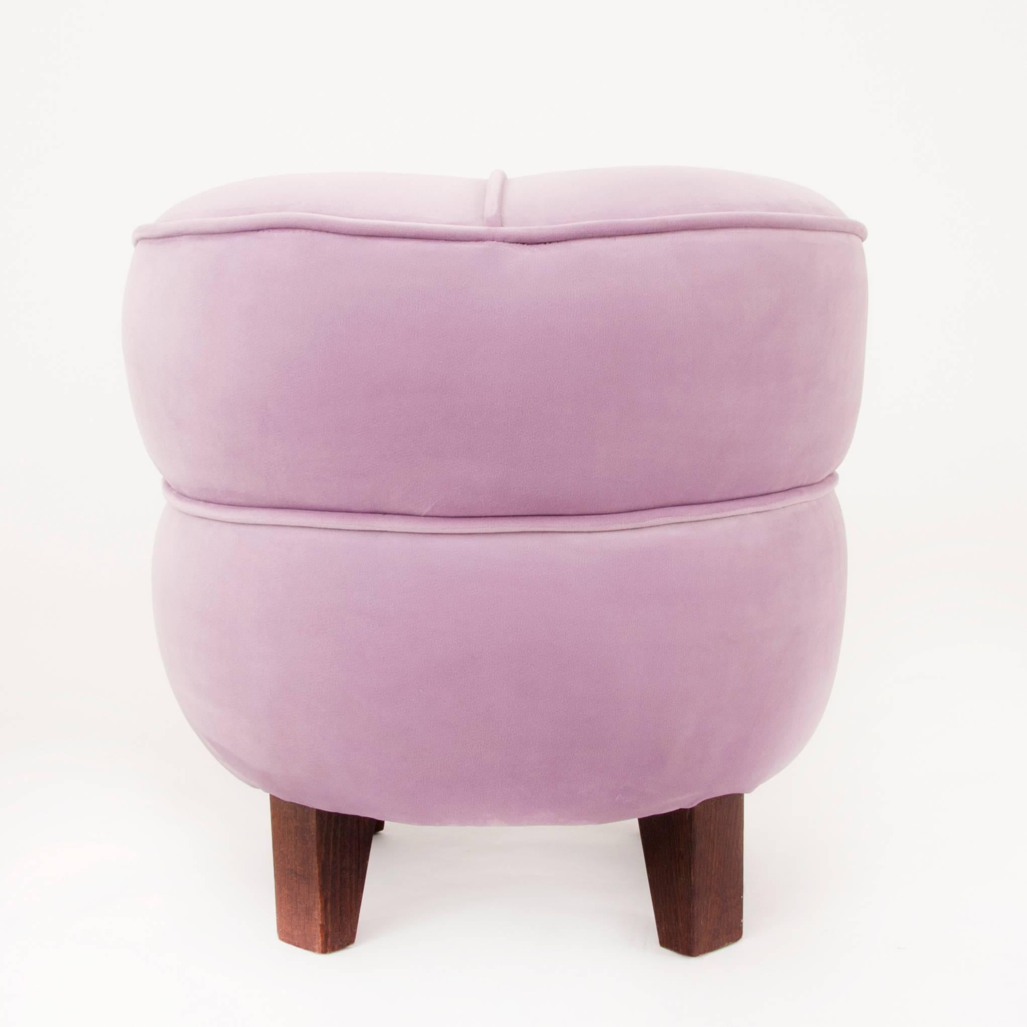 A charming Art Deco stool or pouf from the 1930s, designed by Jindrich Halabala in former Czechoslovakia. A lovely piece of furniture, carefully restored, in excellent condition, got new upholstery from high-quality rosé velvet fabric.
