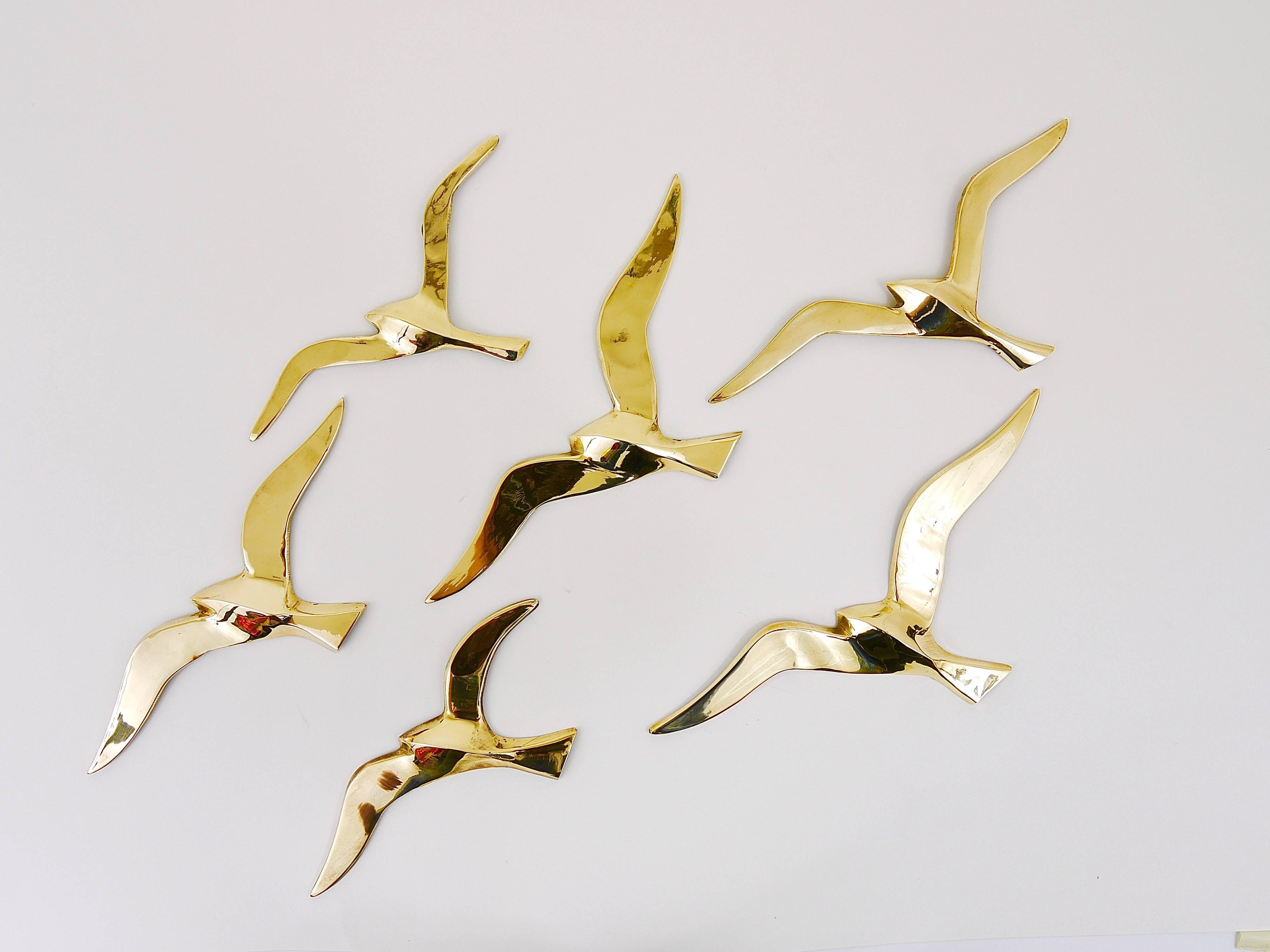 Polished Six Wall-Mounted Midcentury Seagull Bird Brass Sculptures, Austria, 1950s