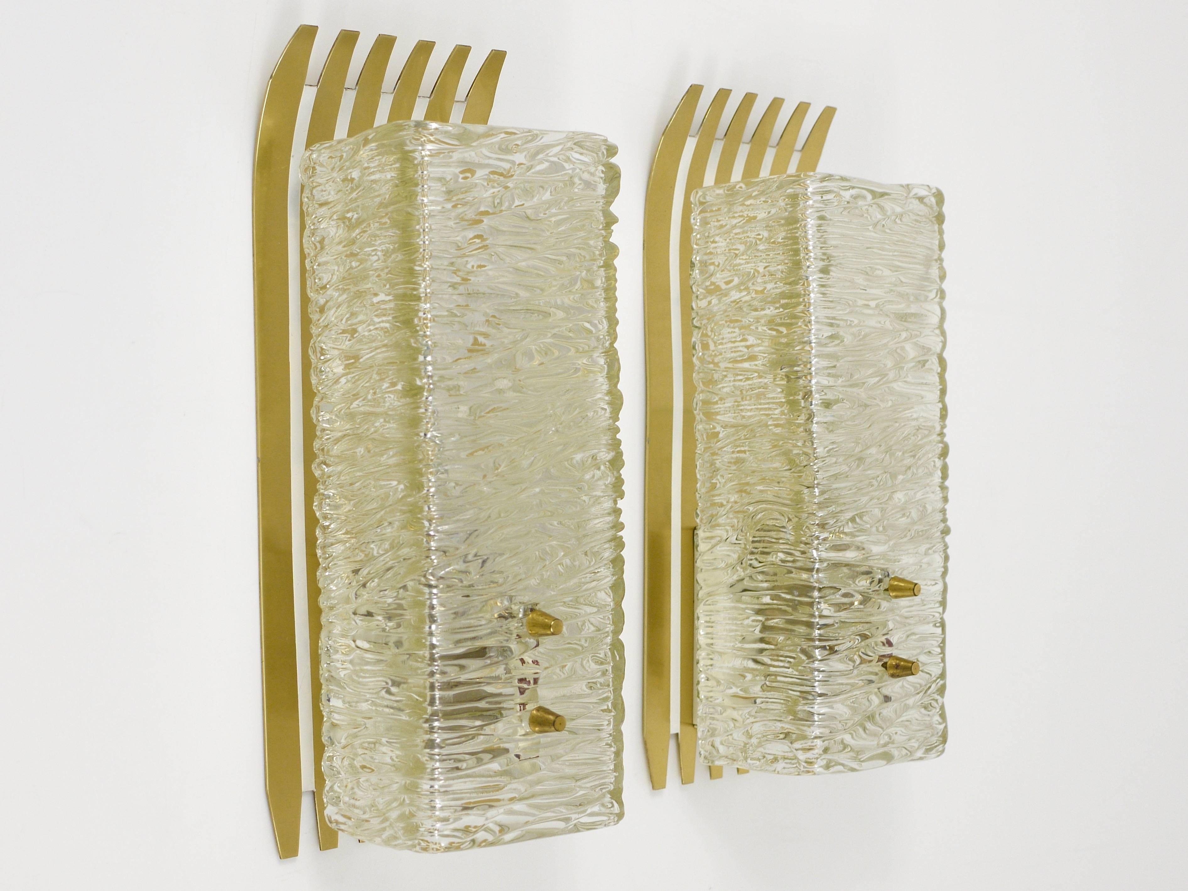 Mid-Century Modern J.T. Kalmar Vienna Pair of Unusual Brass Glass Sconces, Austria, 1950s For Sale