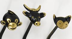 Three Walter Bosse Brass Wall Hooks of a Monkey, Cow and Cat, Austria, 1950s