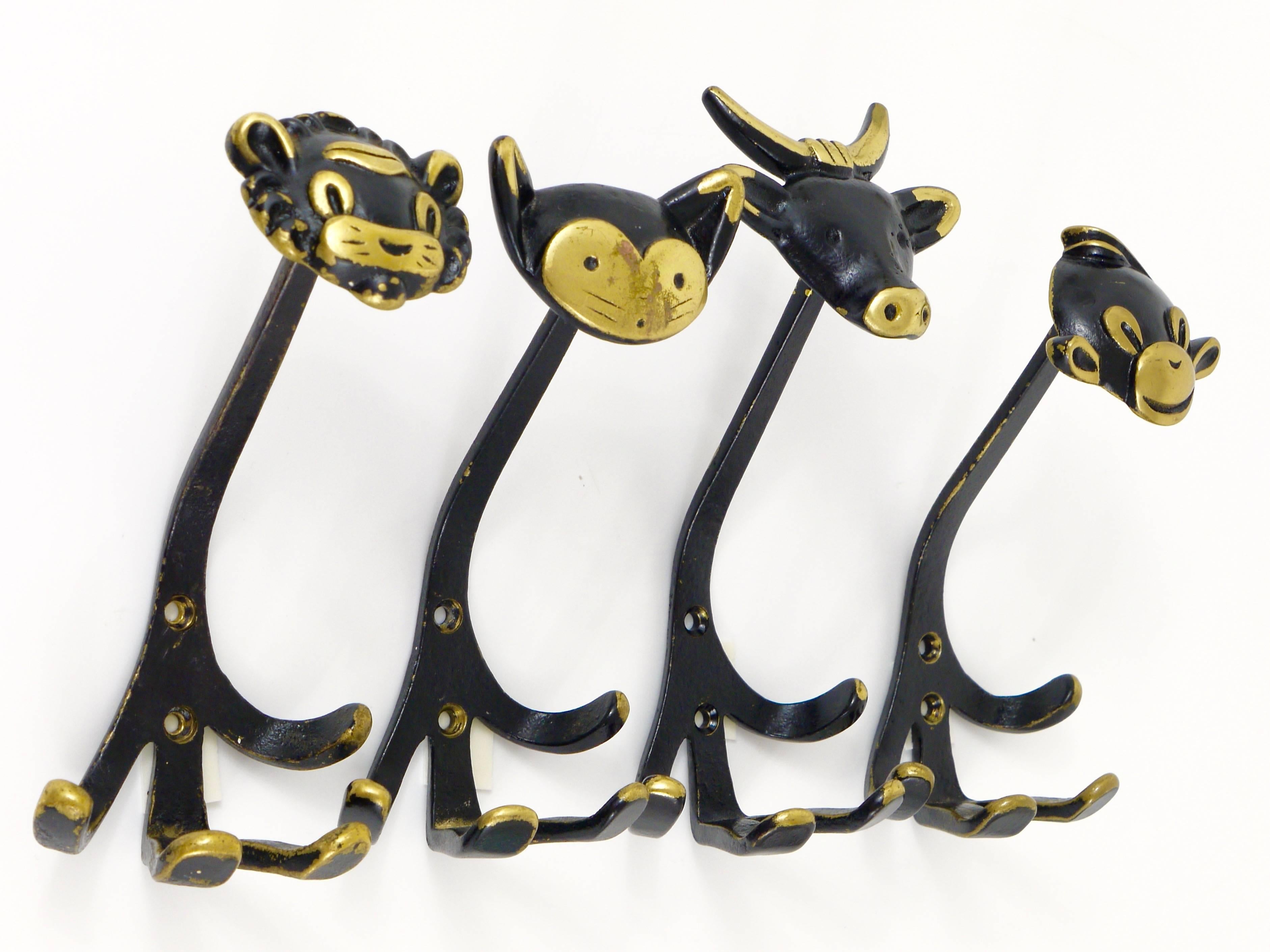 20th Century Walter Bosse Brass Wall Hooks Dog, Lion, Cat, Cow and Monkey, Austria, 1950s