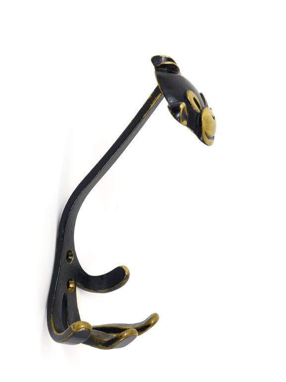 Six Walter Bosse Brass Wall Hooks Displaying a Monkey, Austria, 1950s