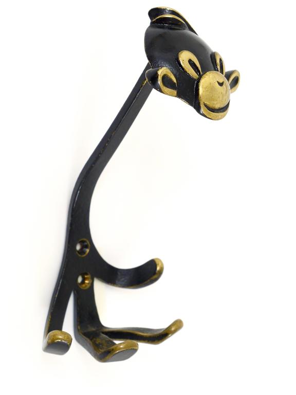 Six Walter Bosse Brass Wall Hooks Displaying a Monkey, Austria, 1950s