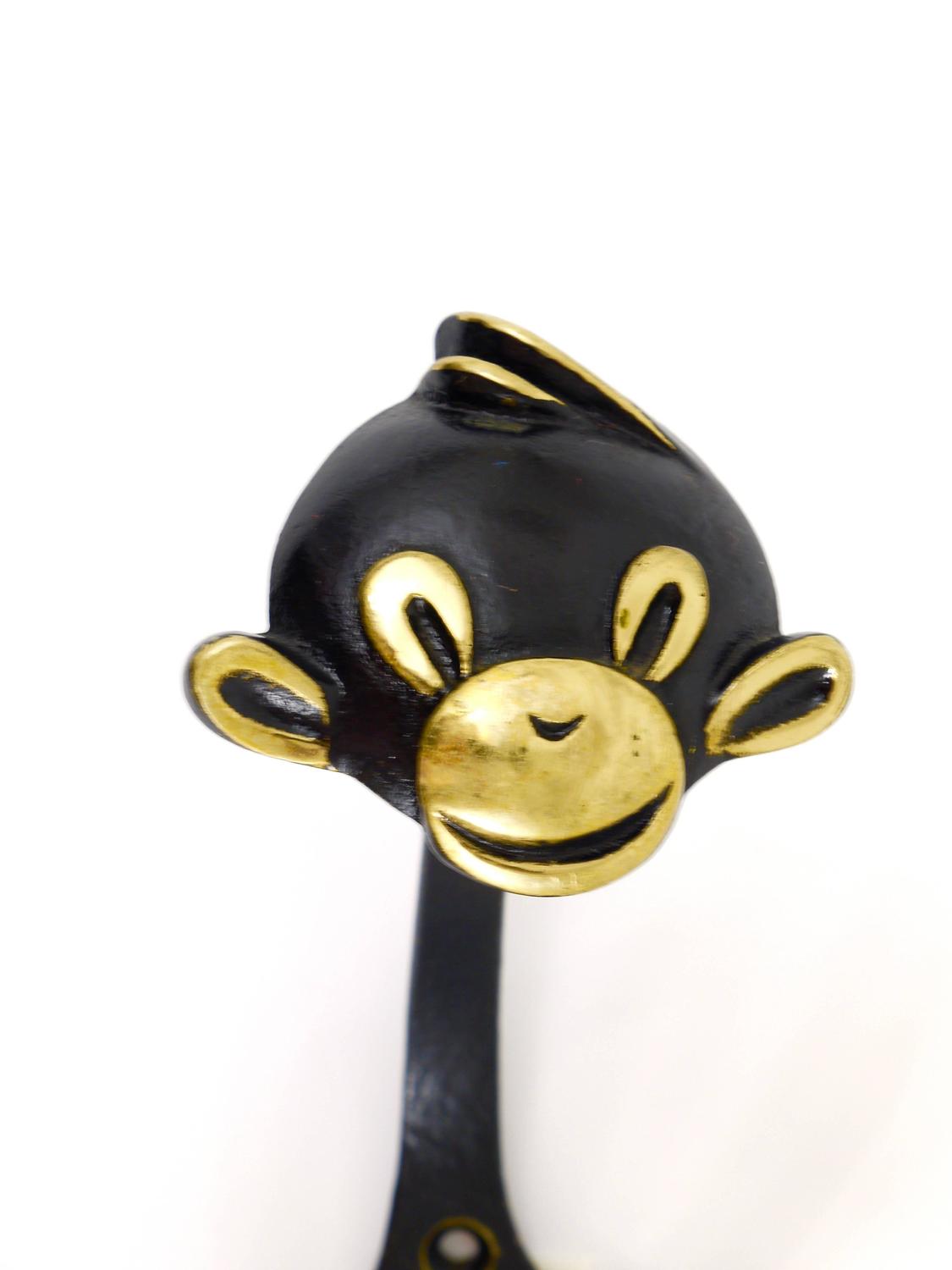 Six Walter Bosse Brass Wall Hooks Displaying a Monkey, Austria, 1950s