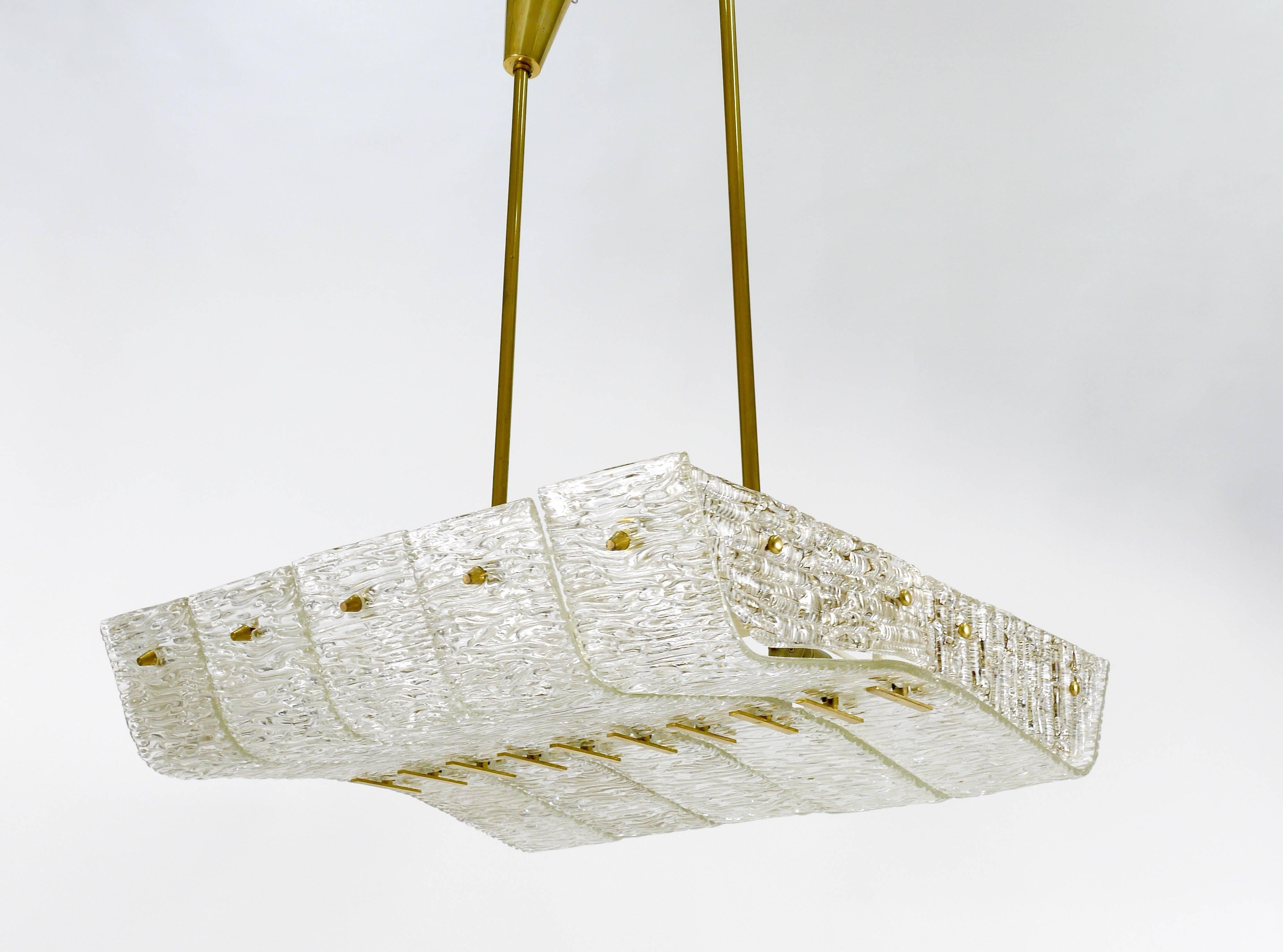 J.T. Kalmar Huge Spare Brass and Textured Glass Chandelier, Austria, 1950s For Sale 2