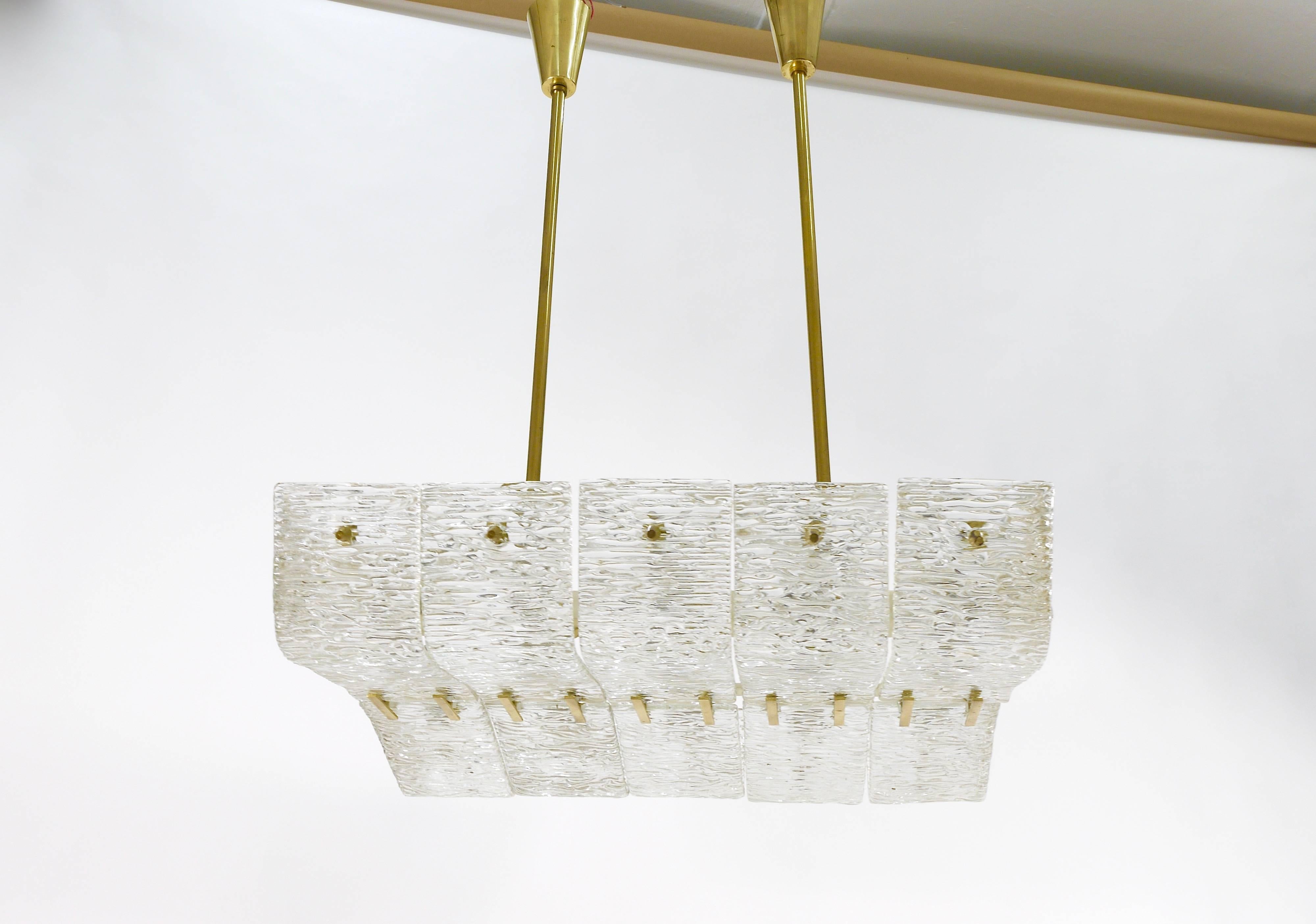 J.T. Kalmar Huge Spare Brass and Textured Glass Chandelier, Austria, 1950s For Sale 4