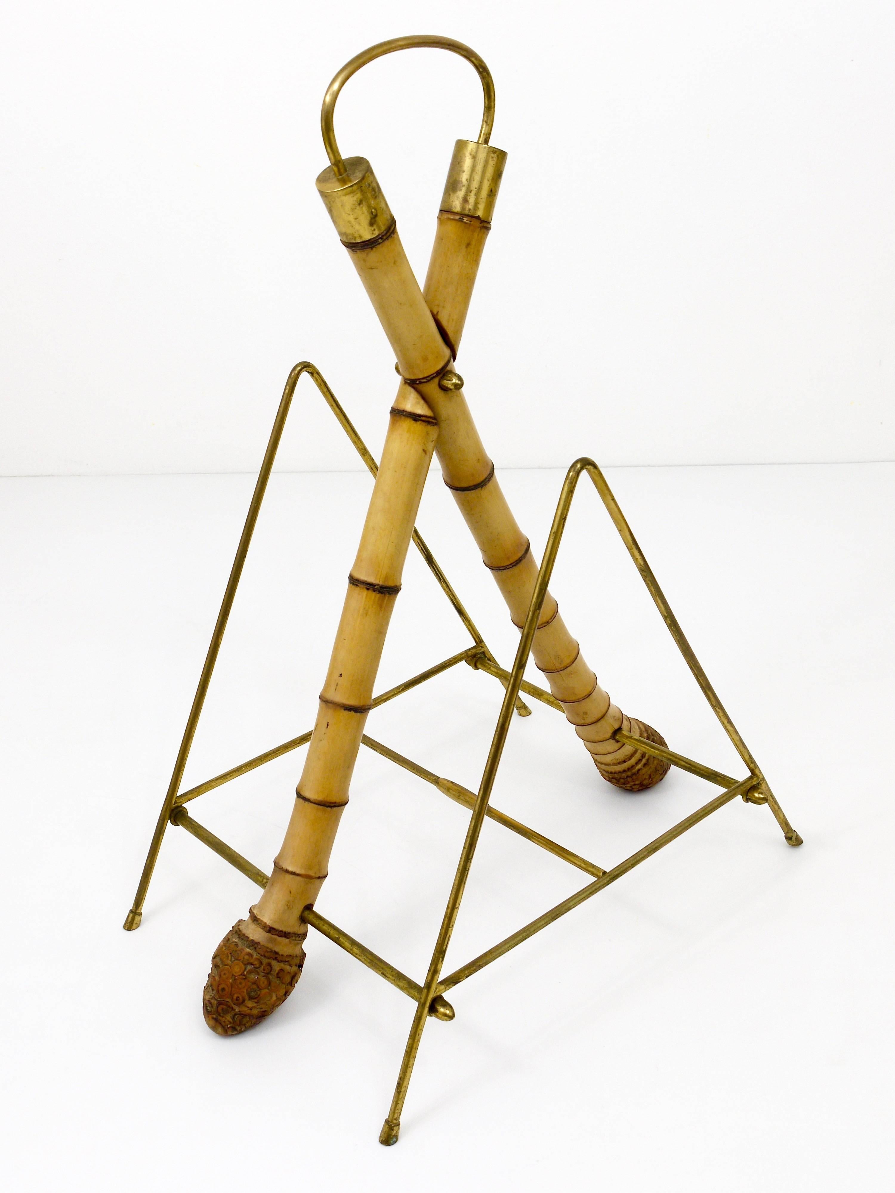 Mid-Century Modern Austrian Modernist Bamboo Brass Magazine Rack News Stand, 1950s