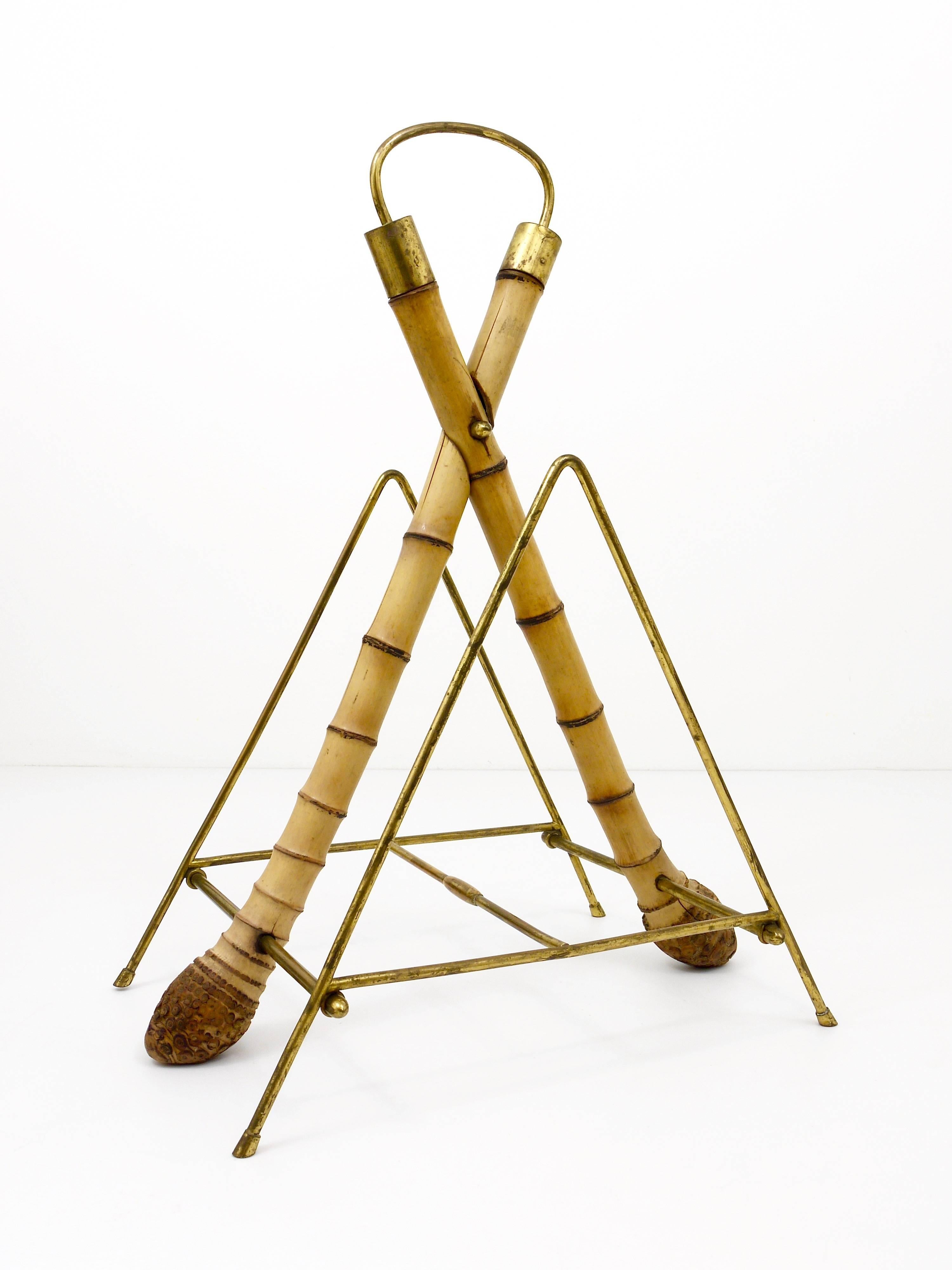Austrian Modernist Bamboo Brass Magazine Rack News Stand, 1950s 2