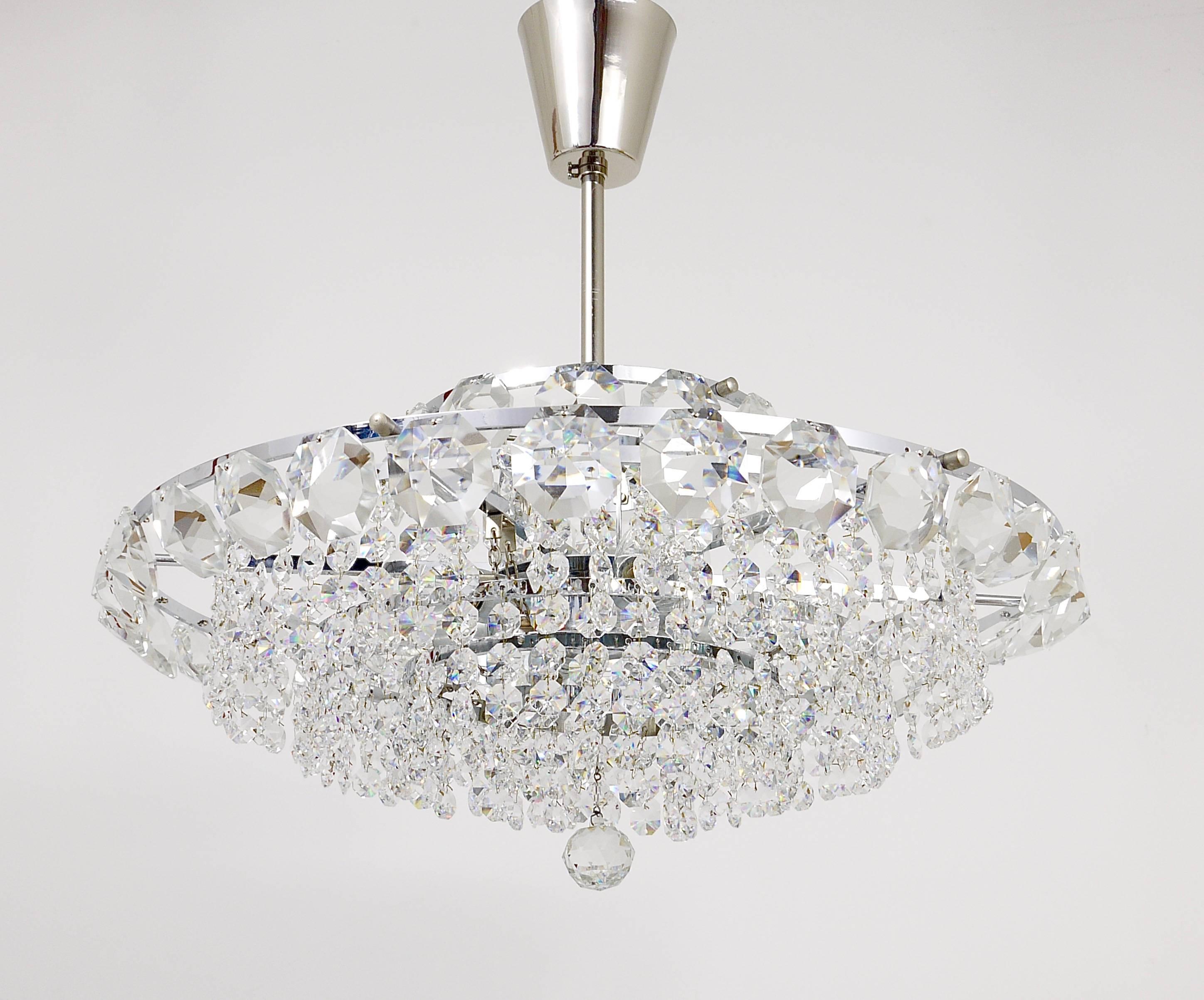 Austrian Bakalowits Vienna Diamond Crystal Faceted Glass Chandelier, Austria, 1950s For Sale