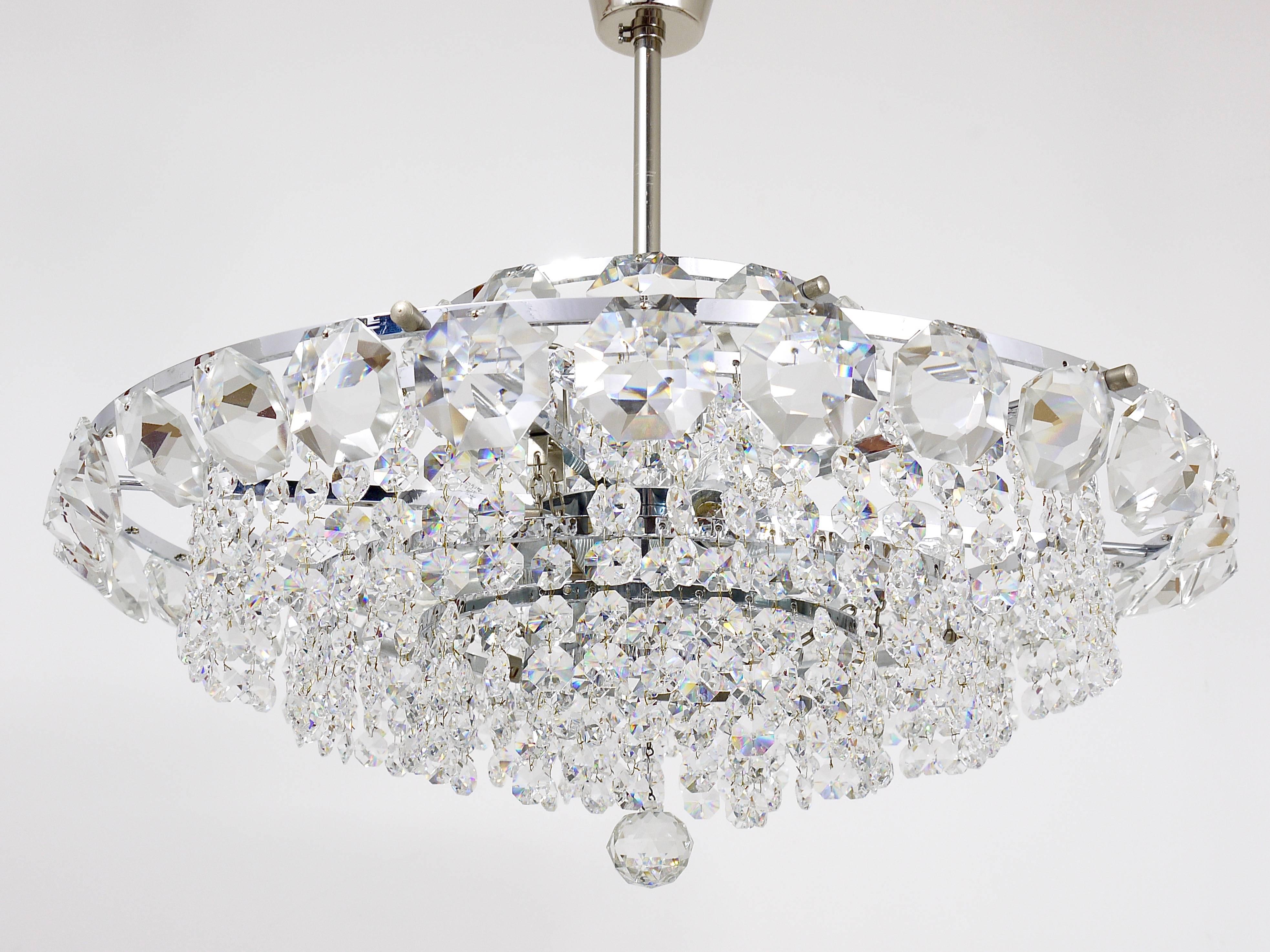 Mid-Century Modern Bakalowits Vienna Diamond Crystal Faceted Glass Chandelier, Austria, 1950s For Sale